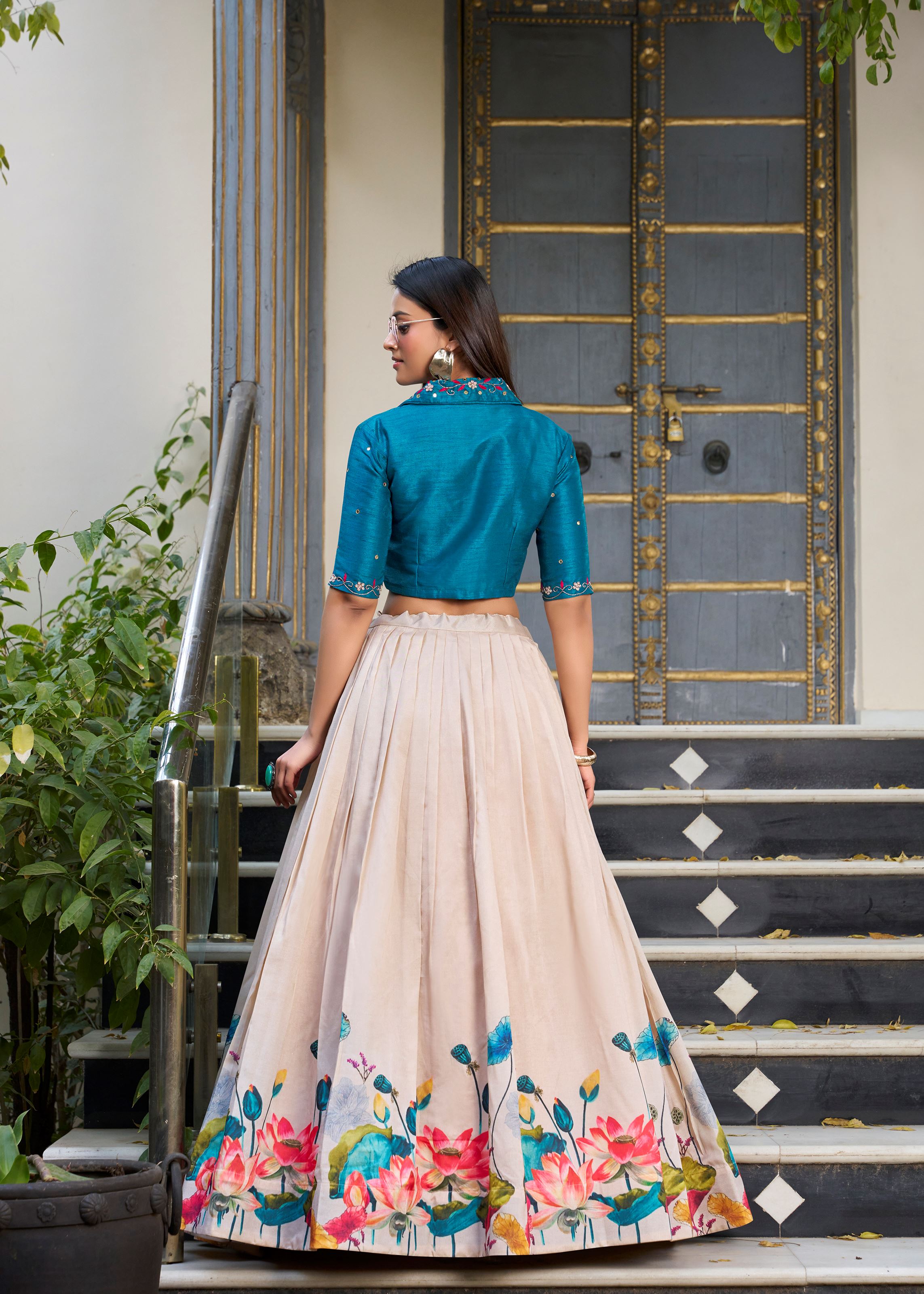 Off White Tussar Silk Lehenga with Delicate Floral Prints Ethnic  Elegant