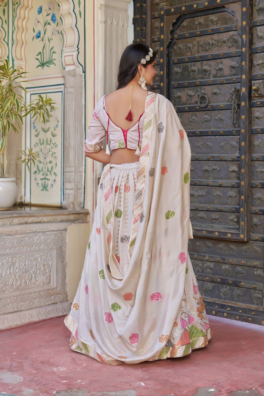 Off-White Lehenga Choli with Sequins, Thread Embroidery, Hand Print & Lace Detailing