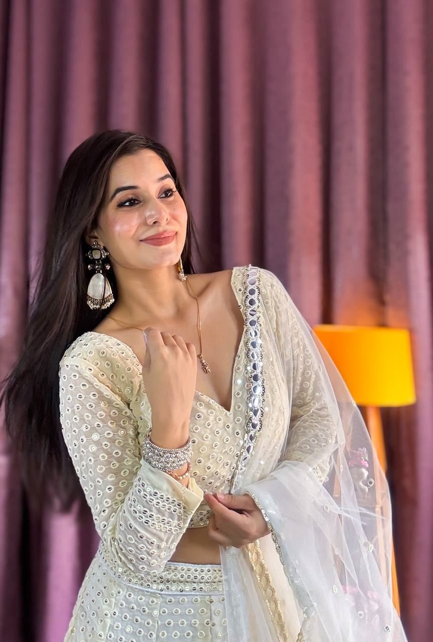 Offwhite Lehenga Choli With Sequins  Thread Work