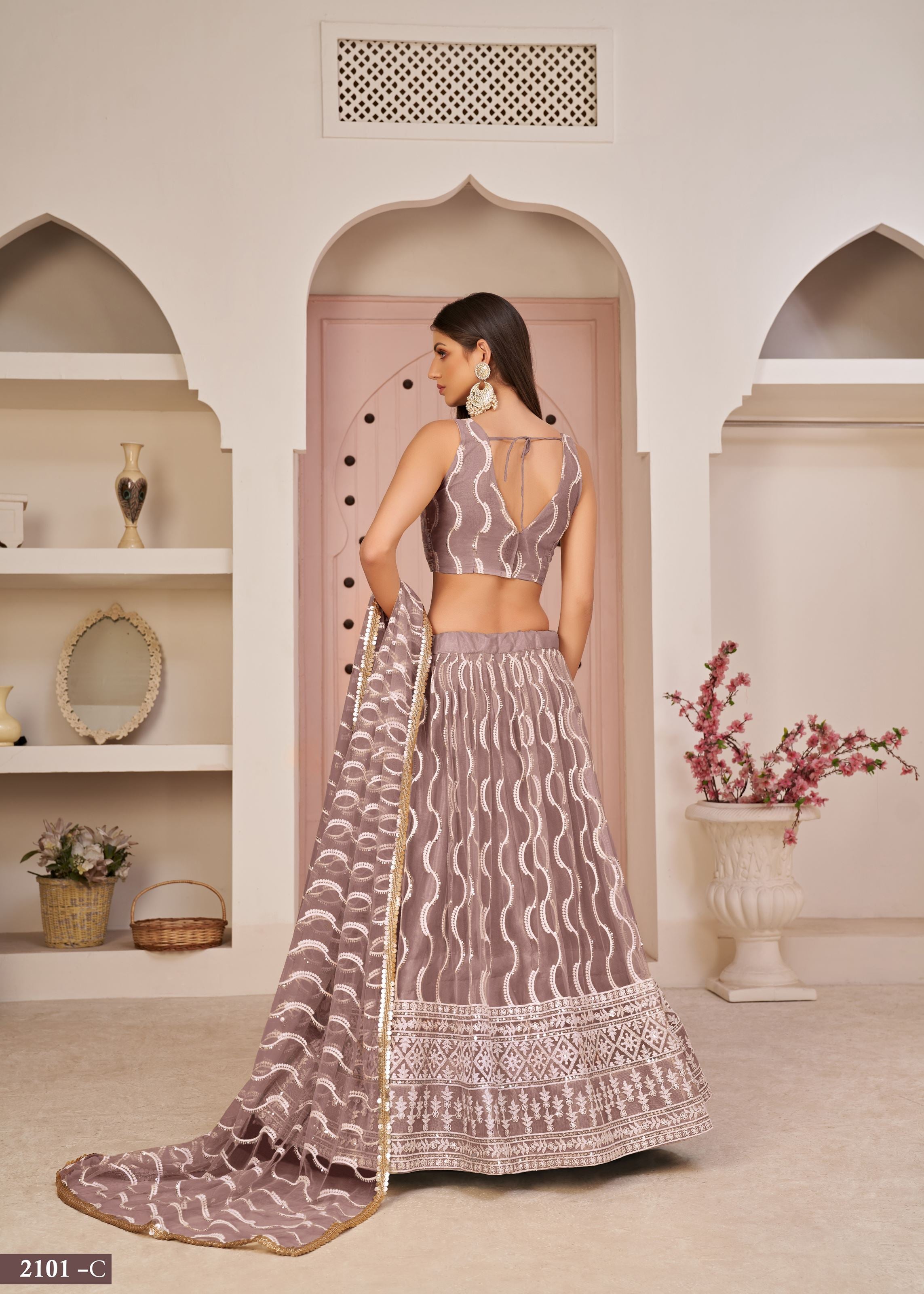 OnionPink Net Lehenga Choli With Thread Embroidery Work