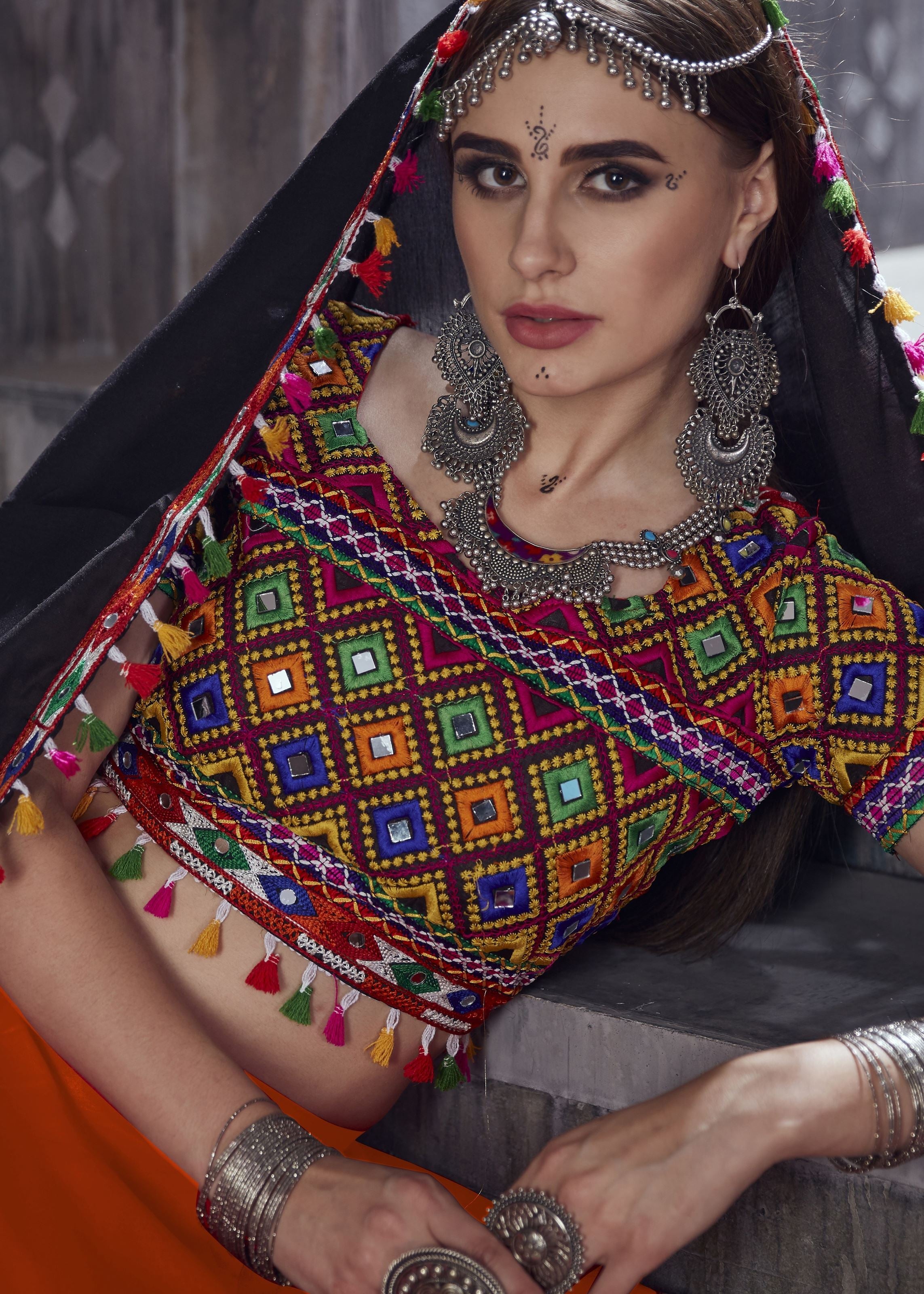 Orange And Black Navratri Chaniya Choli With Gamthi Lace Work With Mirror Work
