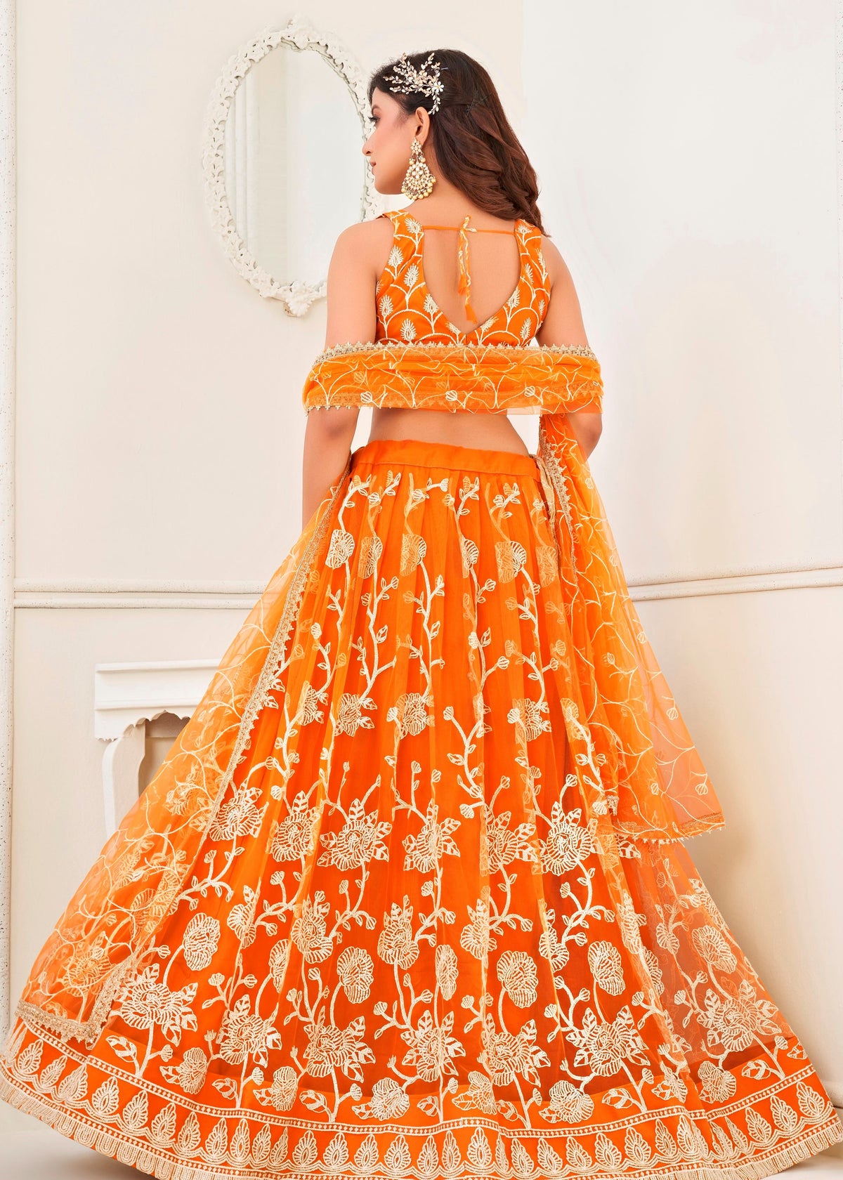 Orange Butterfly Net Lehenga Choli With Embroidery And Sequins Work
