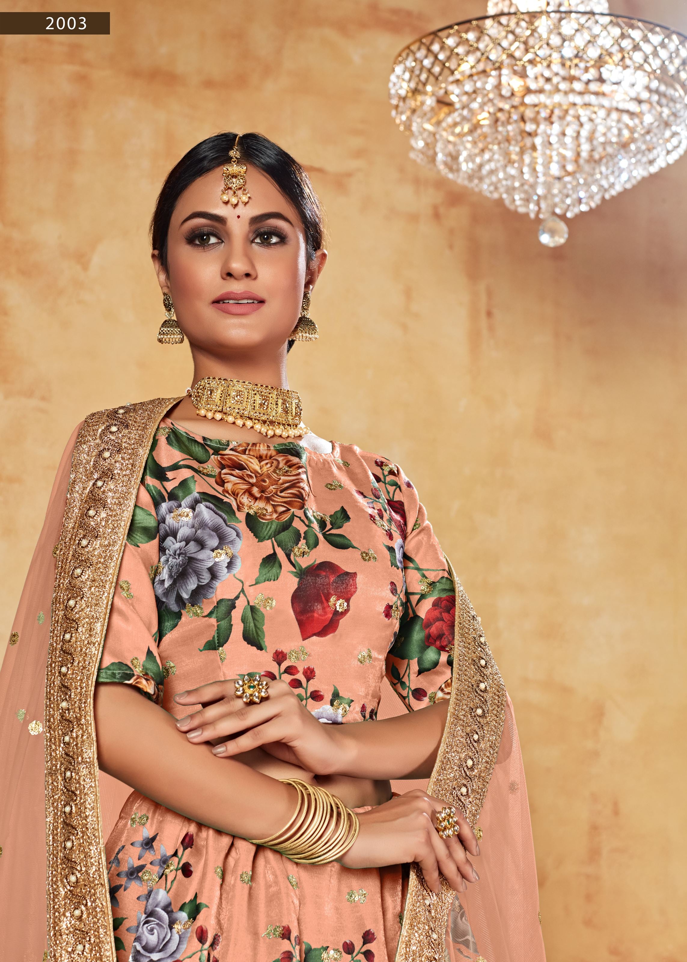Orange Lehenga Choli With Digital Print And Dori With Jari Sequins Butti,Embroidered Border And Pearl Work