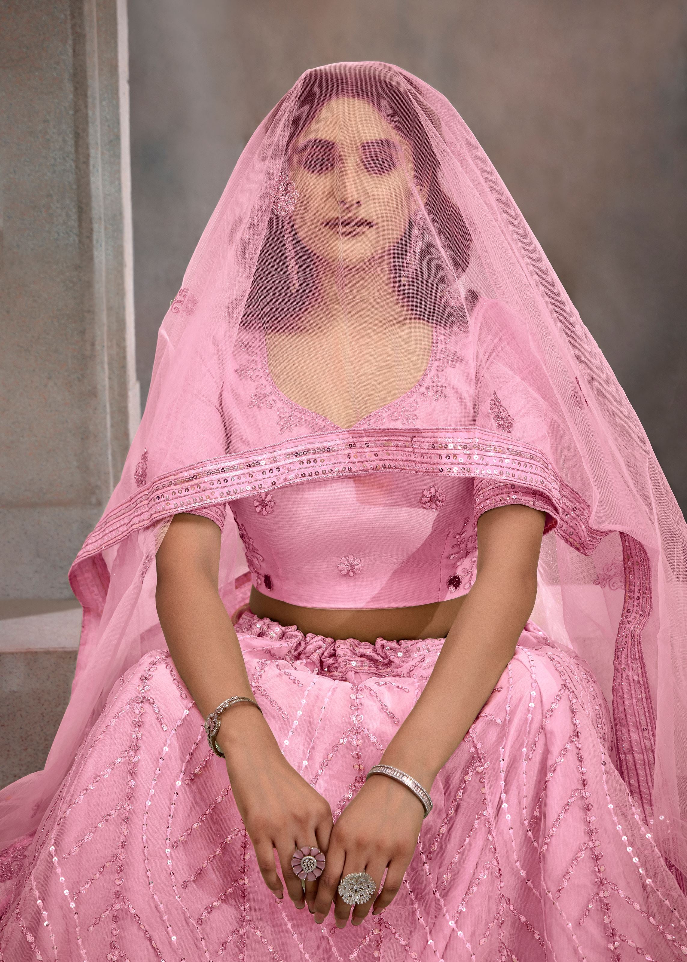 Party Pink Net Lehenga with Allover Sequin Work