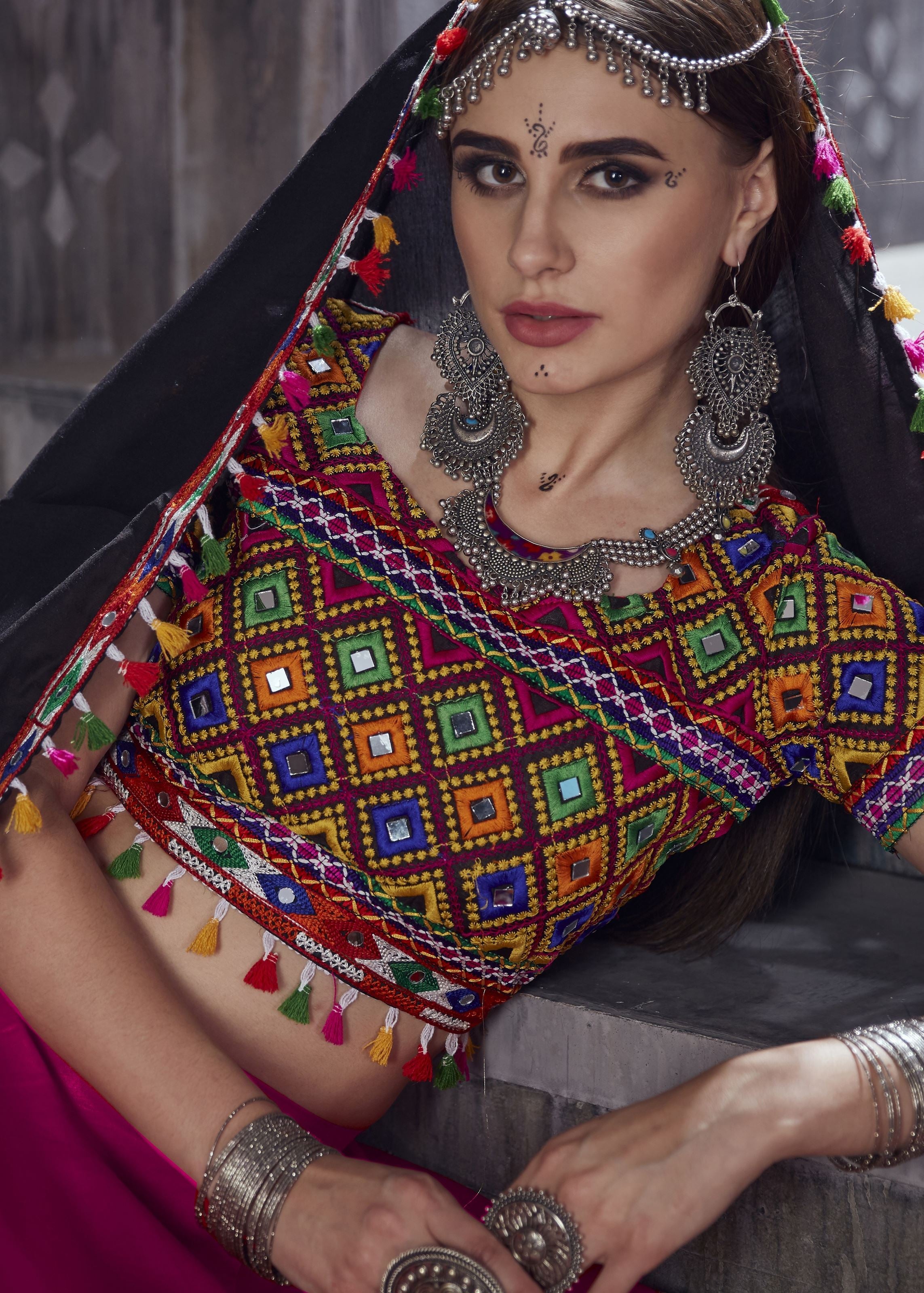 Pink And Black Navratri Chaniya Choli With Gamthi Lace Work With Mirror Work