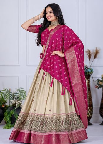 Beige Lehenga Choli with Jacquard Jari Lining and Printed Detailing