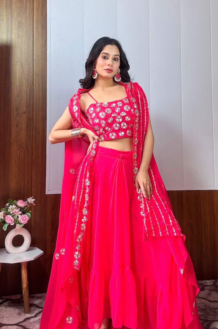 Pink Lehenga Choli with Sequins, Zari & Paper Work