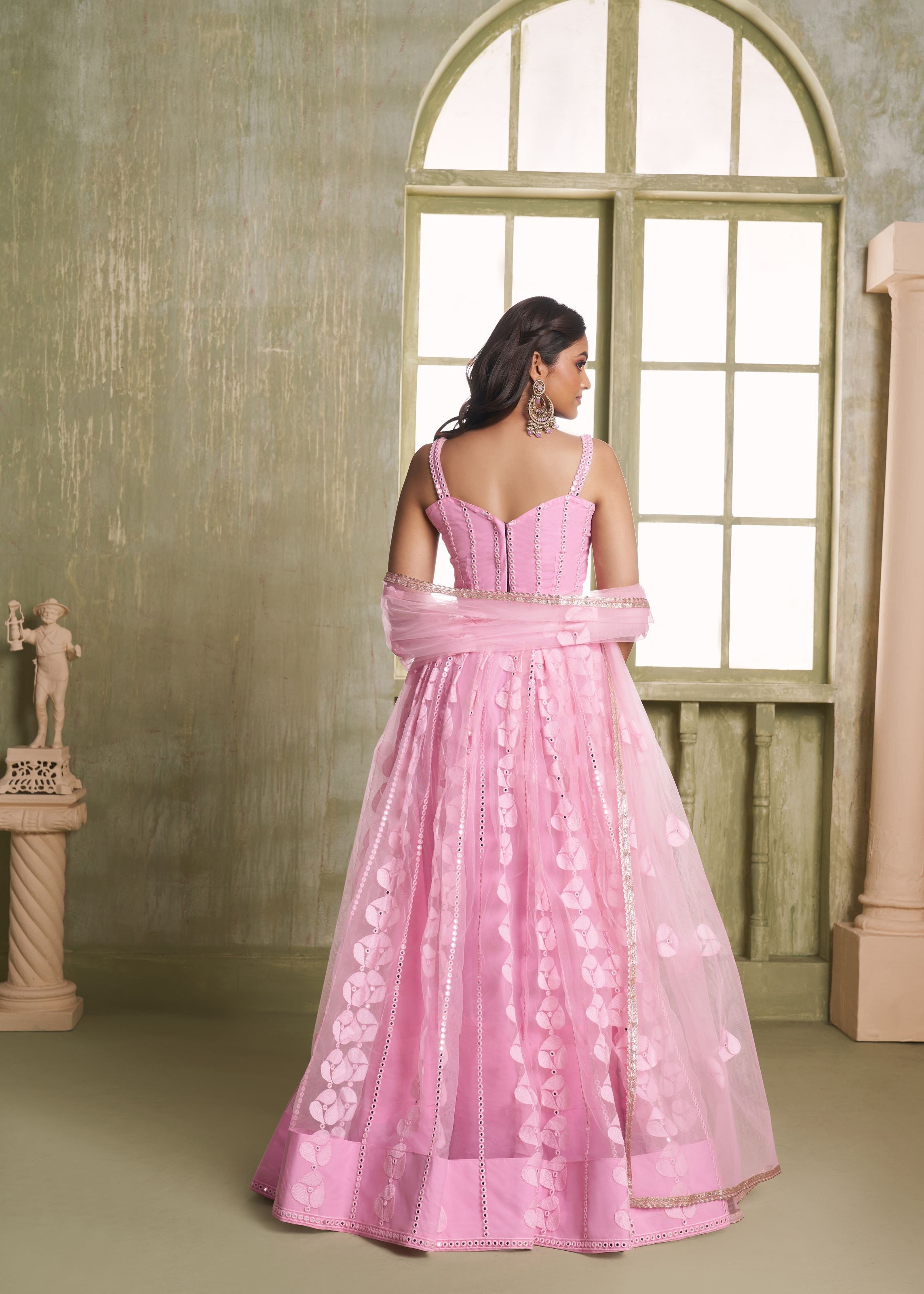 Pink Net Lehenga with Readymade Lace  Tone Zari Work