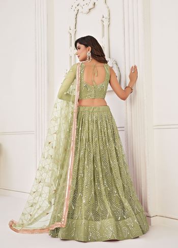 PistaGreen Net Lehenga Choli With Thread Embroidery Real Mirror Work