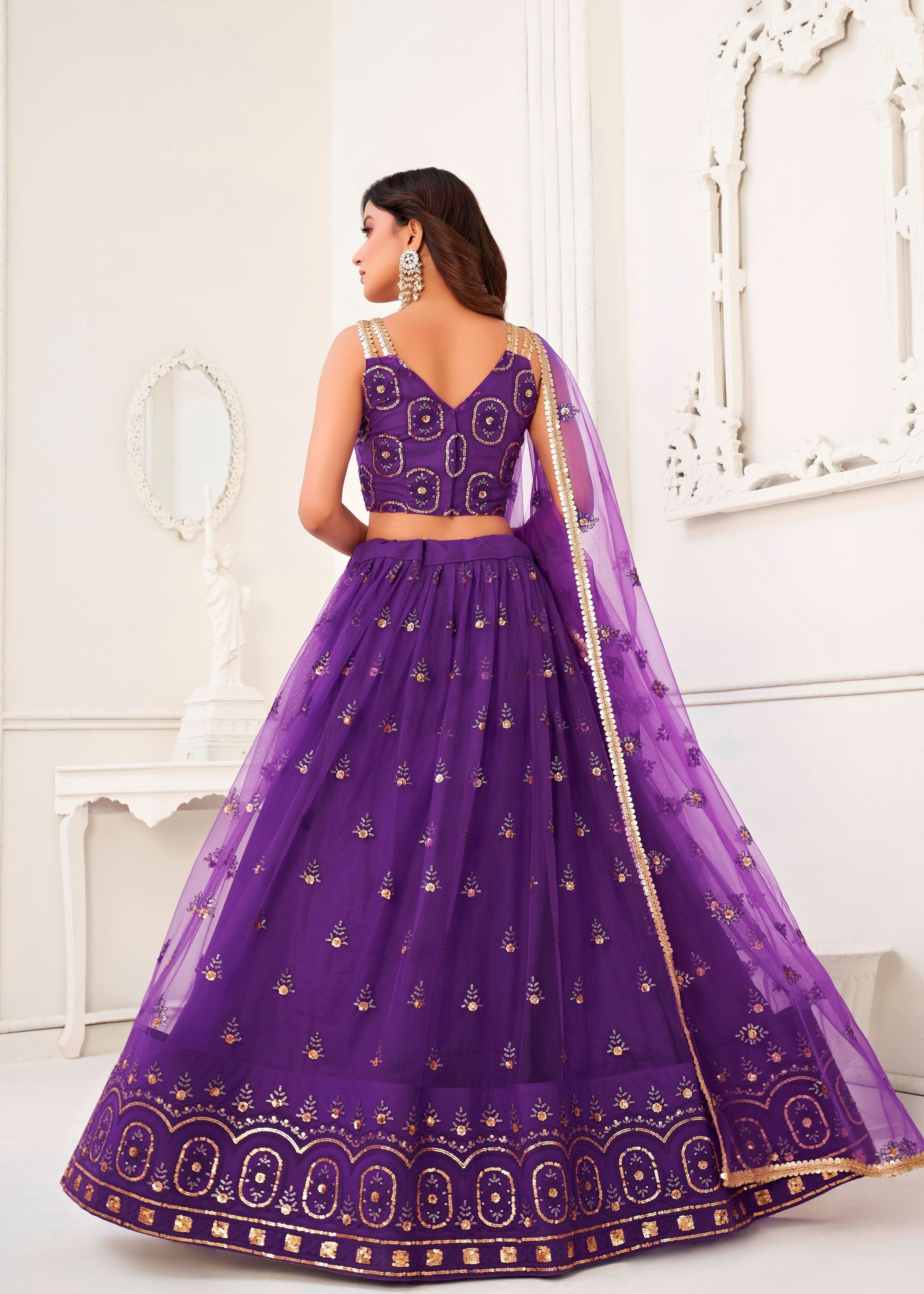 Purple Butterfly Net Lehenga Choli With  Thread And Zari Sandwich Sequence Embroidery Work