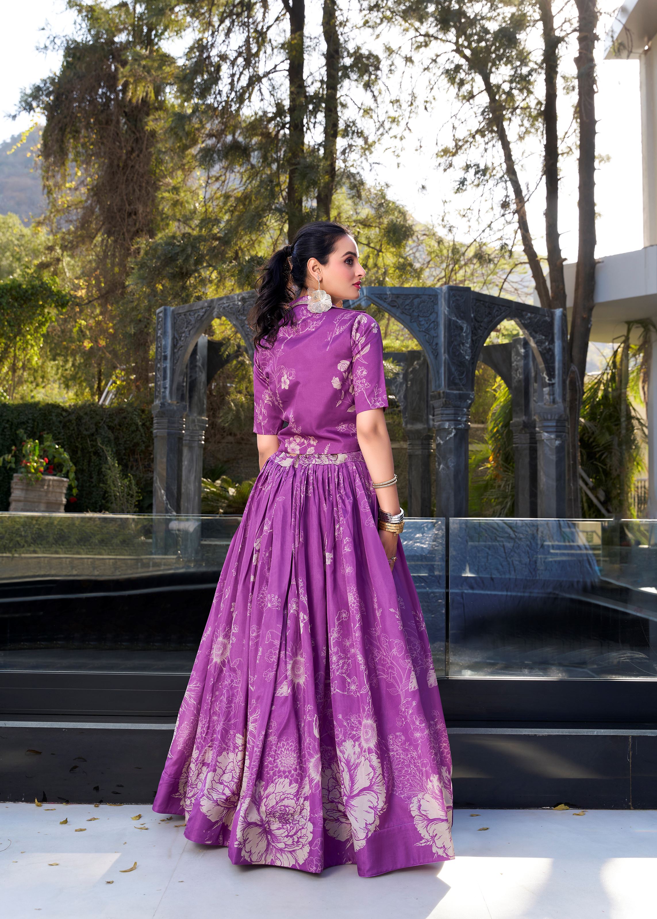 Purple Grace in Bloom Tussar Silk Floral Print Lehenga