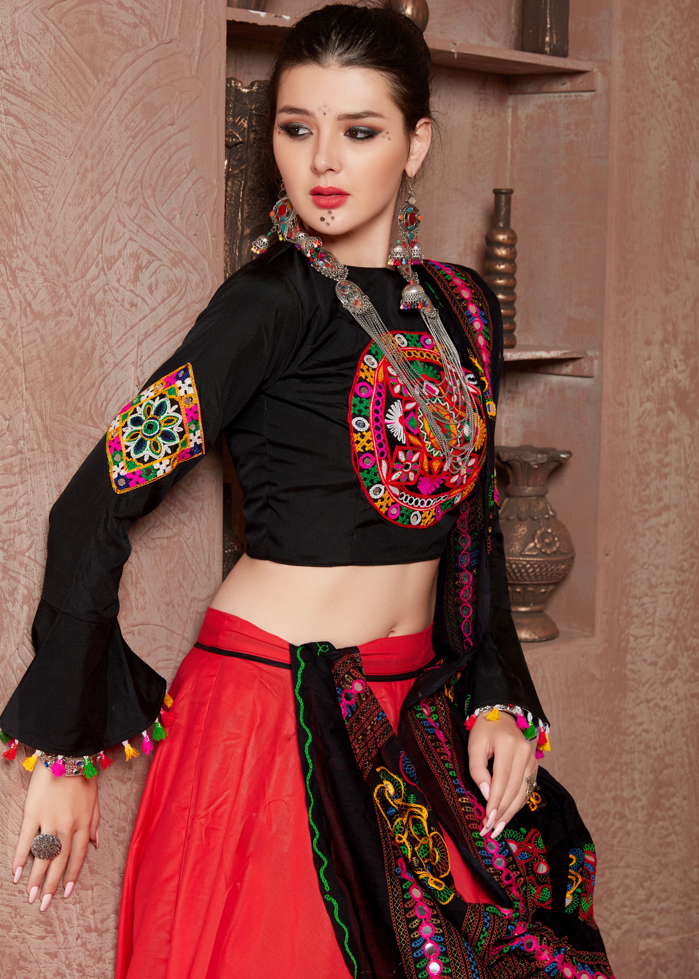 Red And Black Navratri Chaniya Choli With Gamthi Work Butta And  Tassels Lace