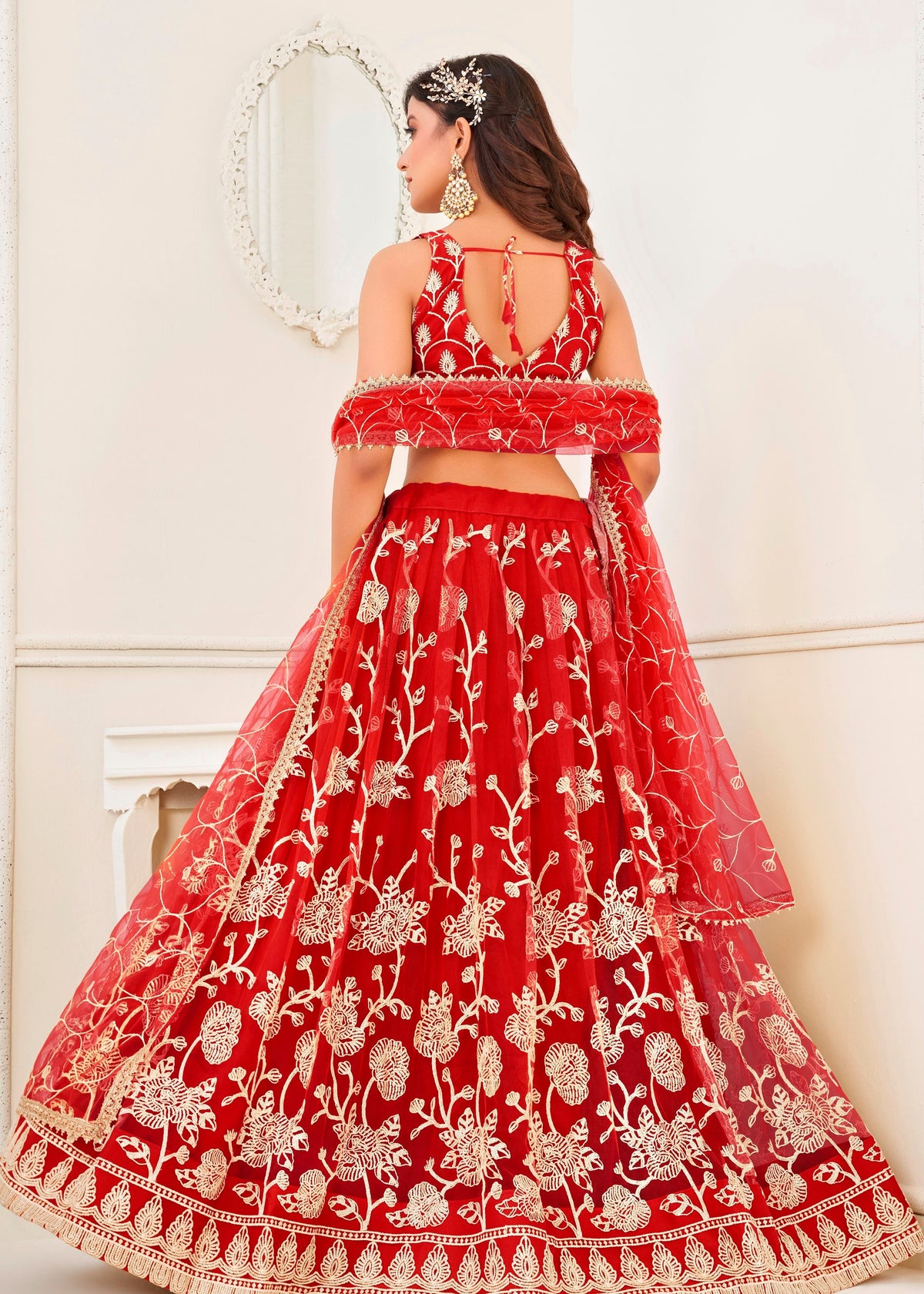 Red Butterfly Net Lehenga Choli With Embroidery And Sequins Work