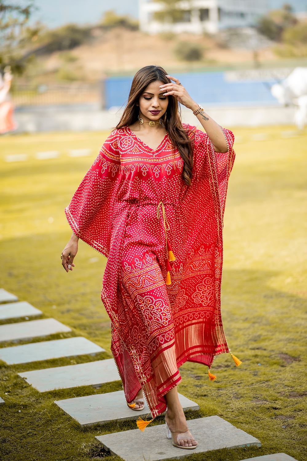 Red Color Pure Gaji Silk Kaftan with Gotta Patti  Tassels