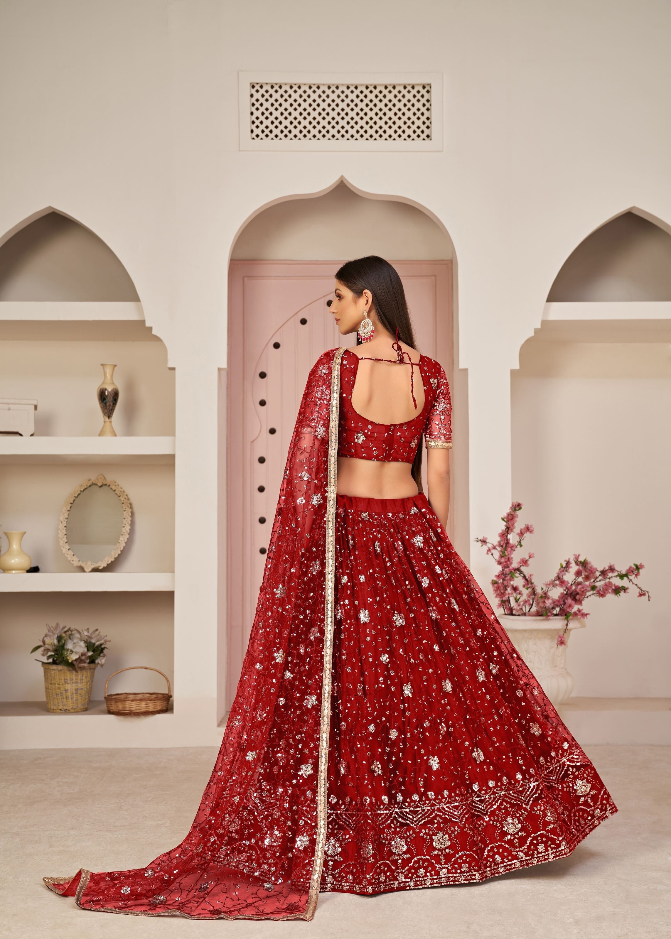 Red Net Lehenga Choli With Thread Embroidery Work