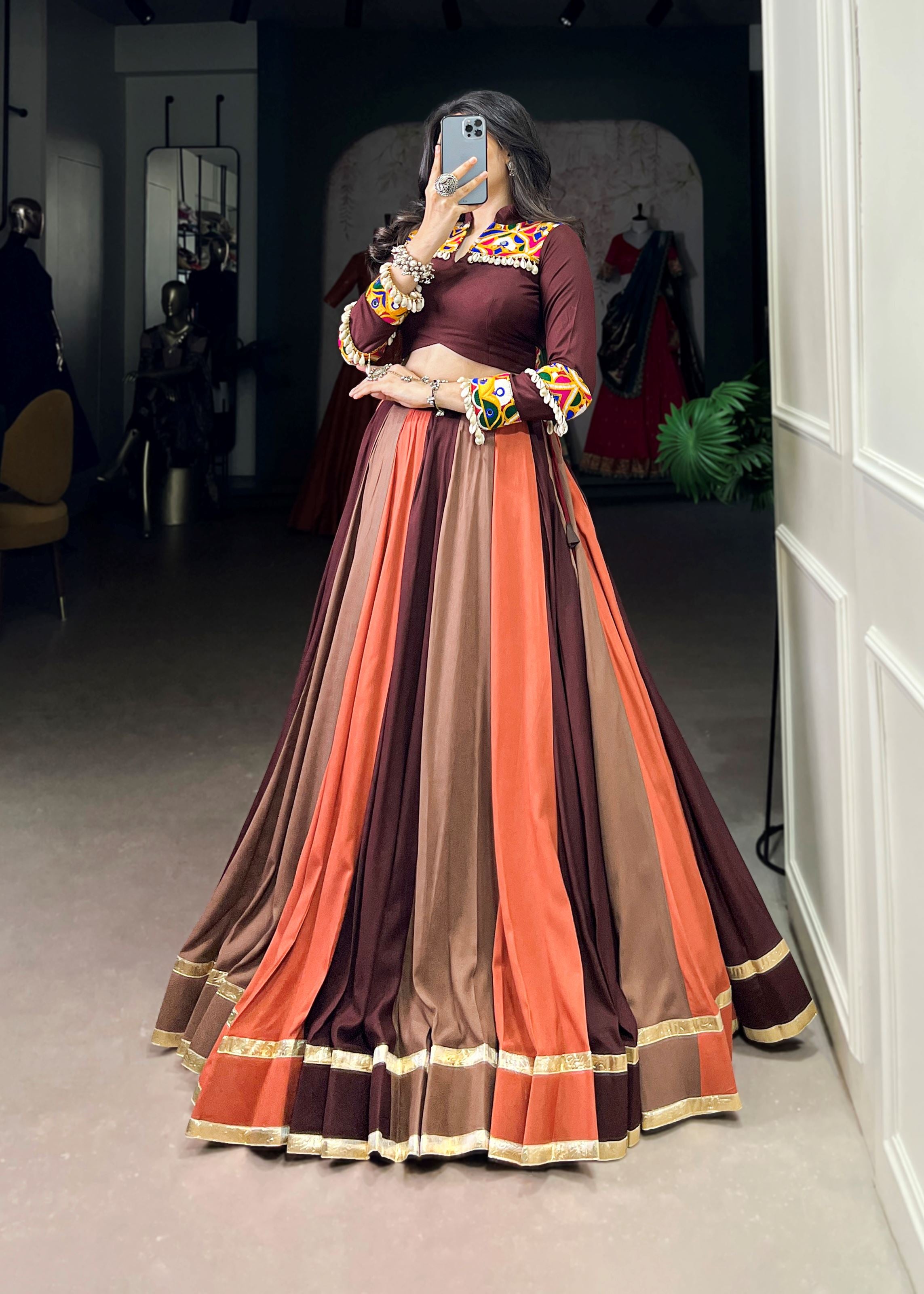 Rosewood Embossed Rayon Lehenga Choli with Elegant Lace Finish