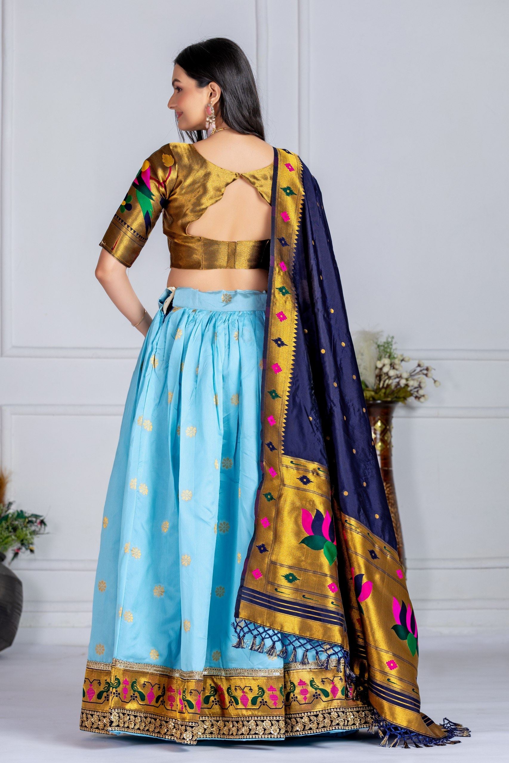 Sky Blue Lehenga Choli with Jacquard Zari Weaving & Embroidery Lace Detailing