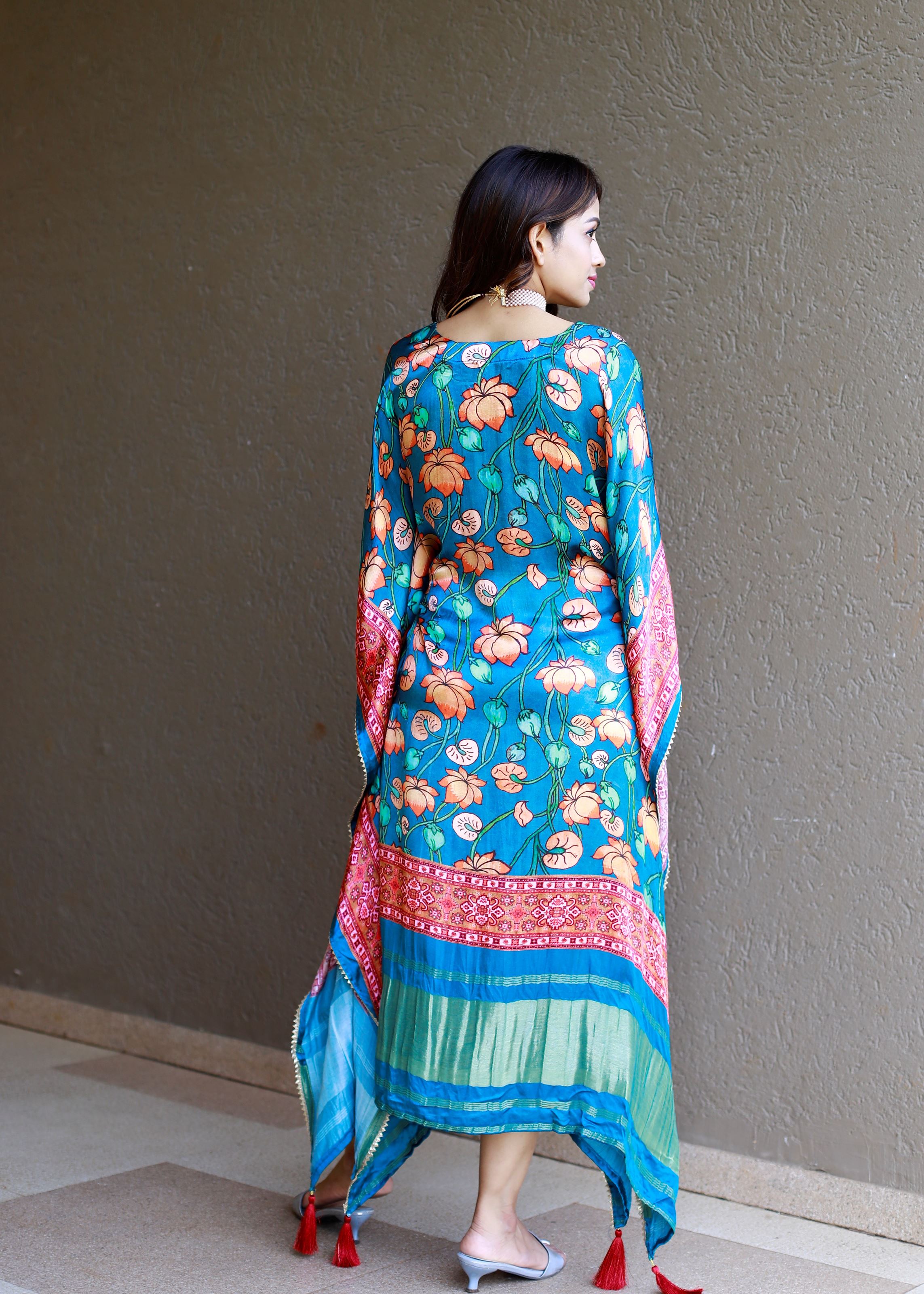 Teal Color Pure Gaji Silk Kaftan with Gotta Patti  Tassels