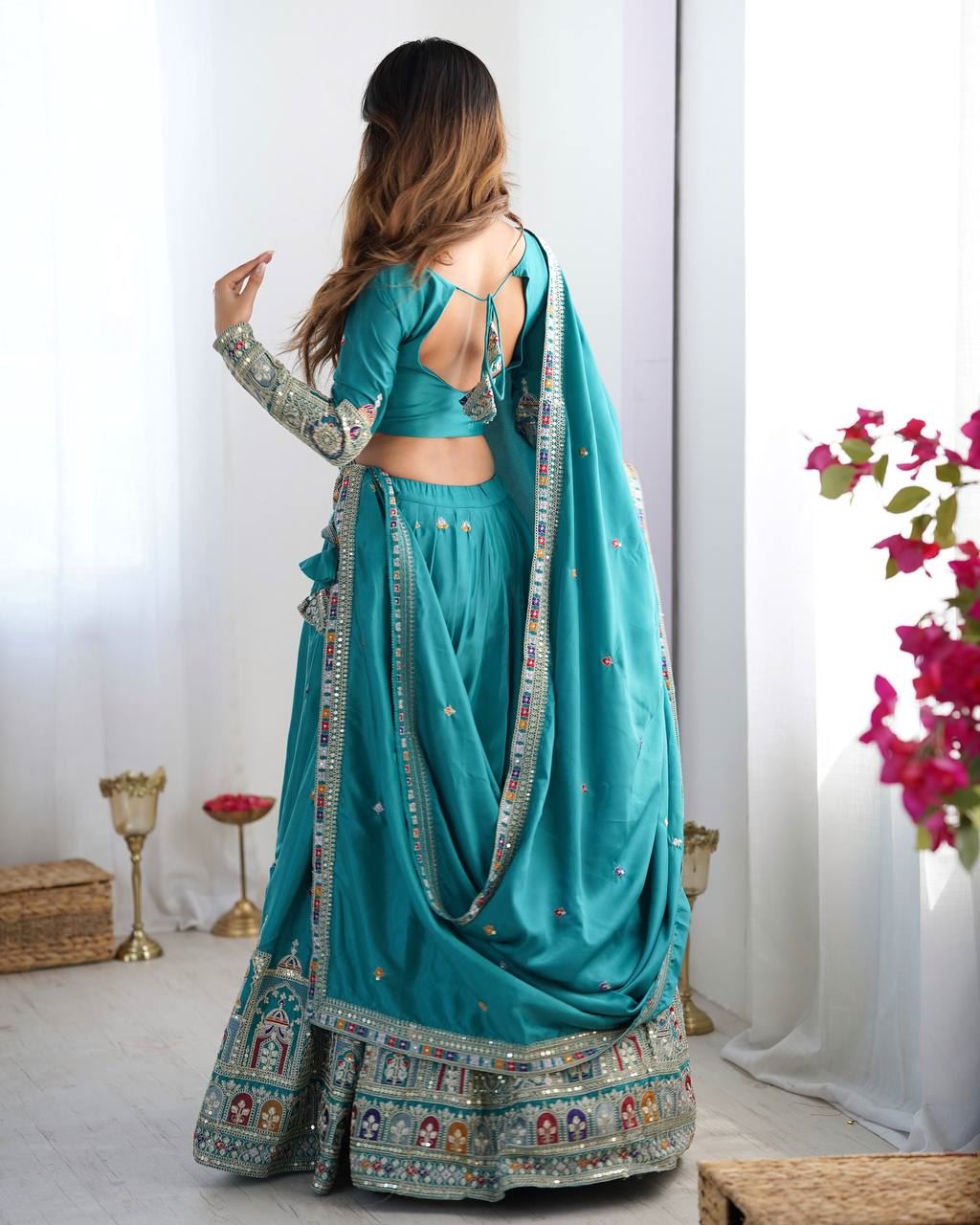 Tealblue Lehenga Choli With Coding Dori With Thread  Sequnce Work