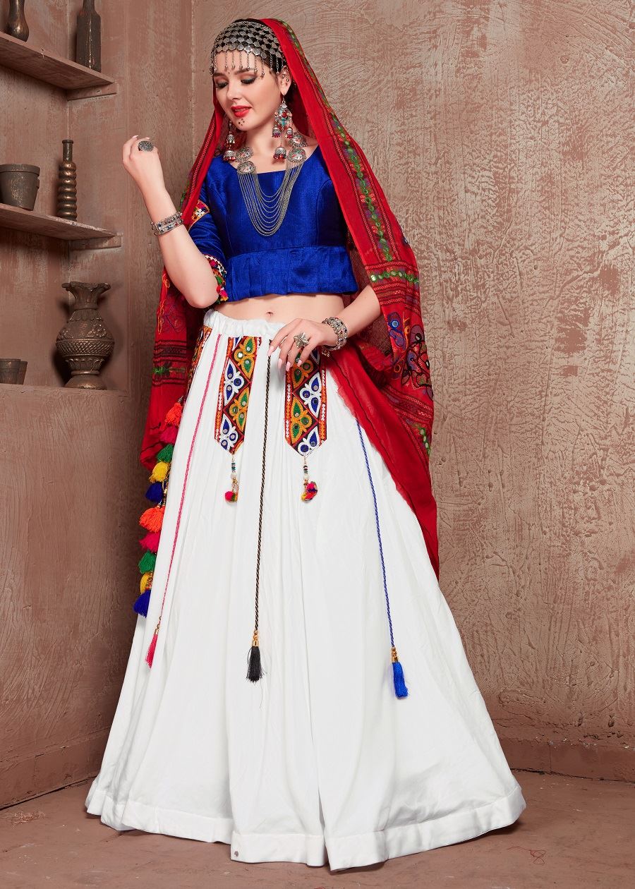 White And Blue Navratri Chaniya Choli With Gamthi Work Butta And  Tassels Lace