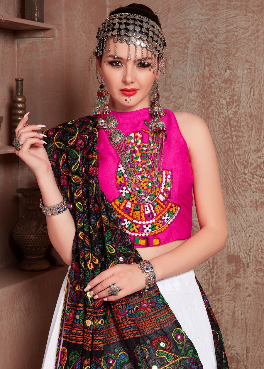 White And Pink Navratri Chaniya Choli With Gamthi Work Butta And  Tassels Lace