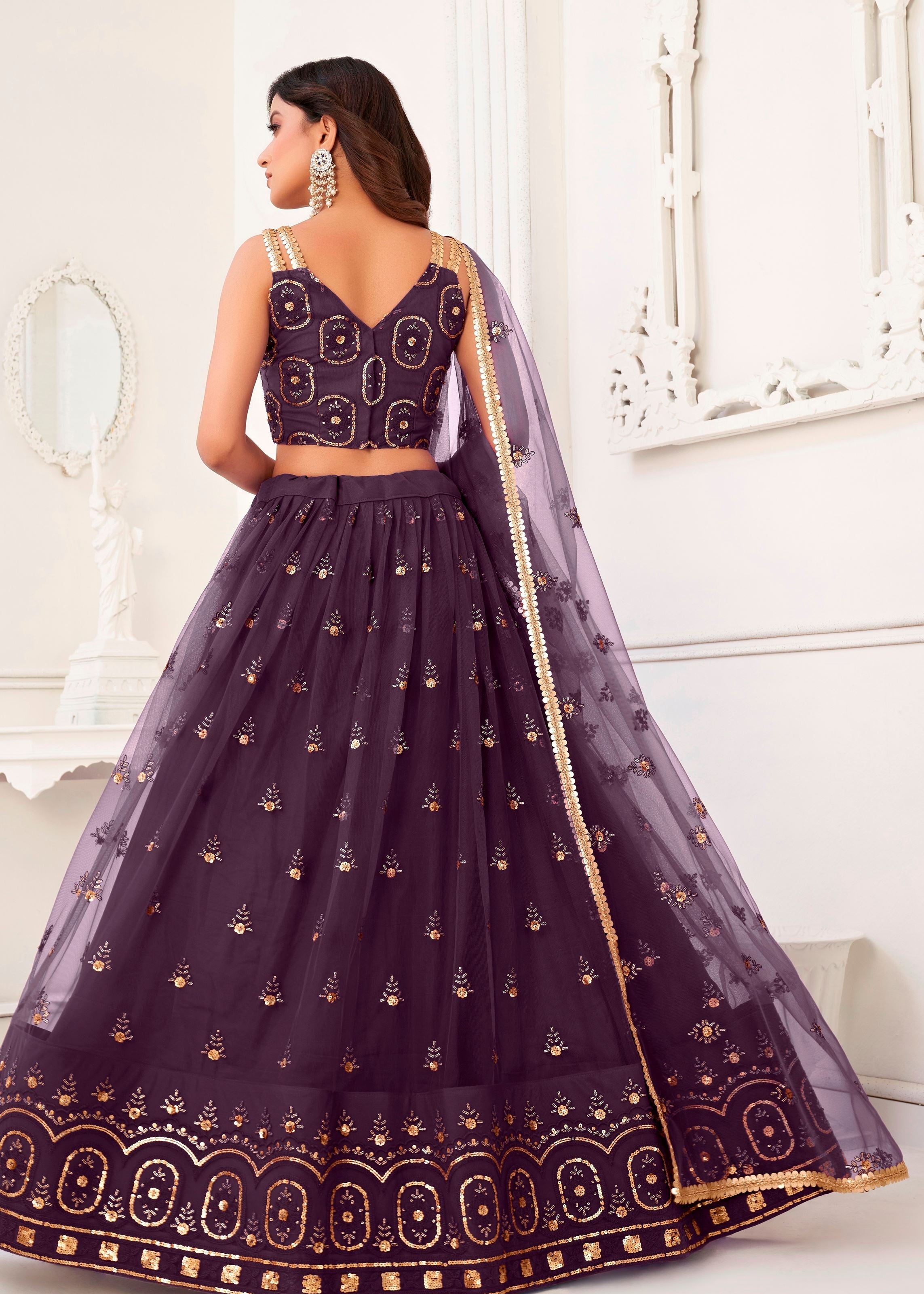 Wine Butterfly Net Lehenga Choli With  Thread And Zari Sandwich Sequence Embroidery Work