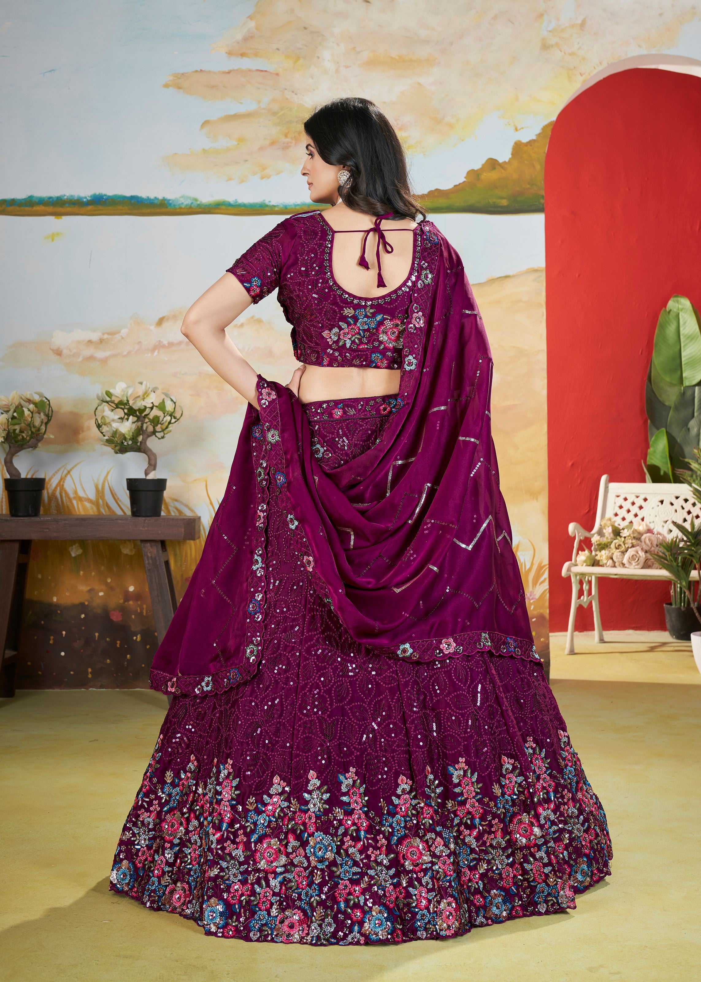 Wine Chinnon Lehenga with Floral Pattern  Sequin Work