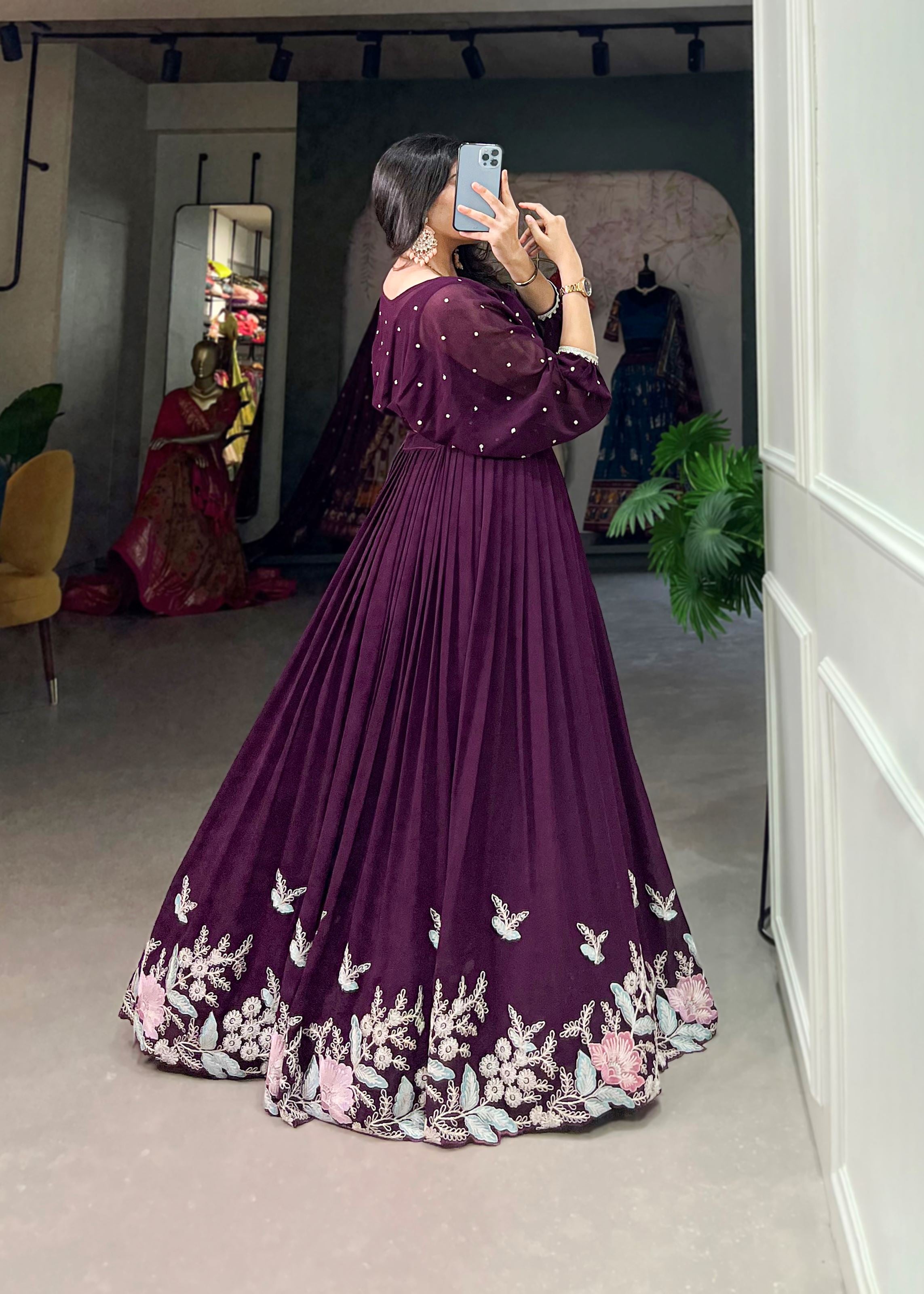 Wine Georgette Lehenga with Sequin and Thread Detailing Light  Elegant