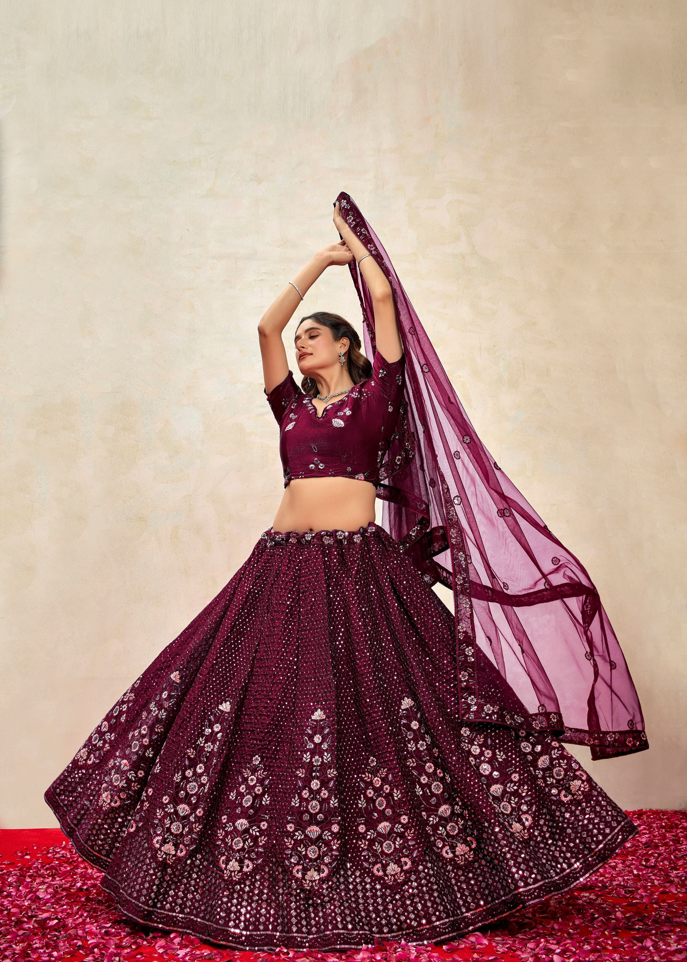 Wine Silk Lehenga with Embroidered Sequence Highlights