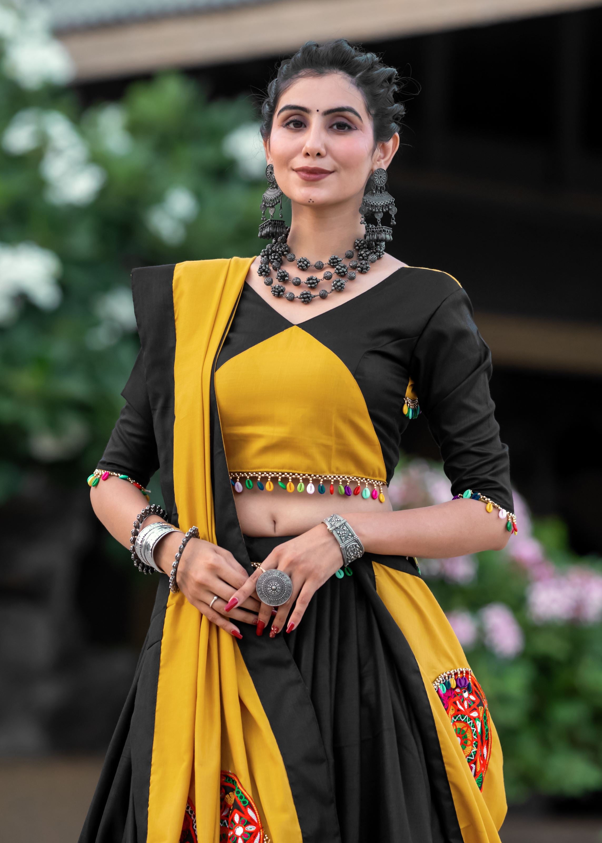 Yellow And Black Navratri Chaniya Choli With Gamthi Work