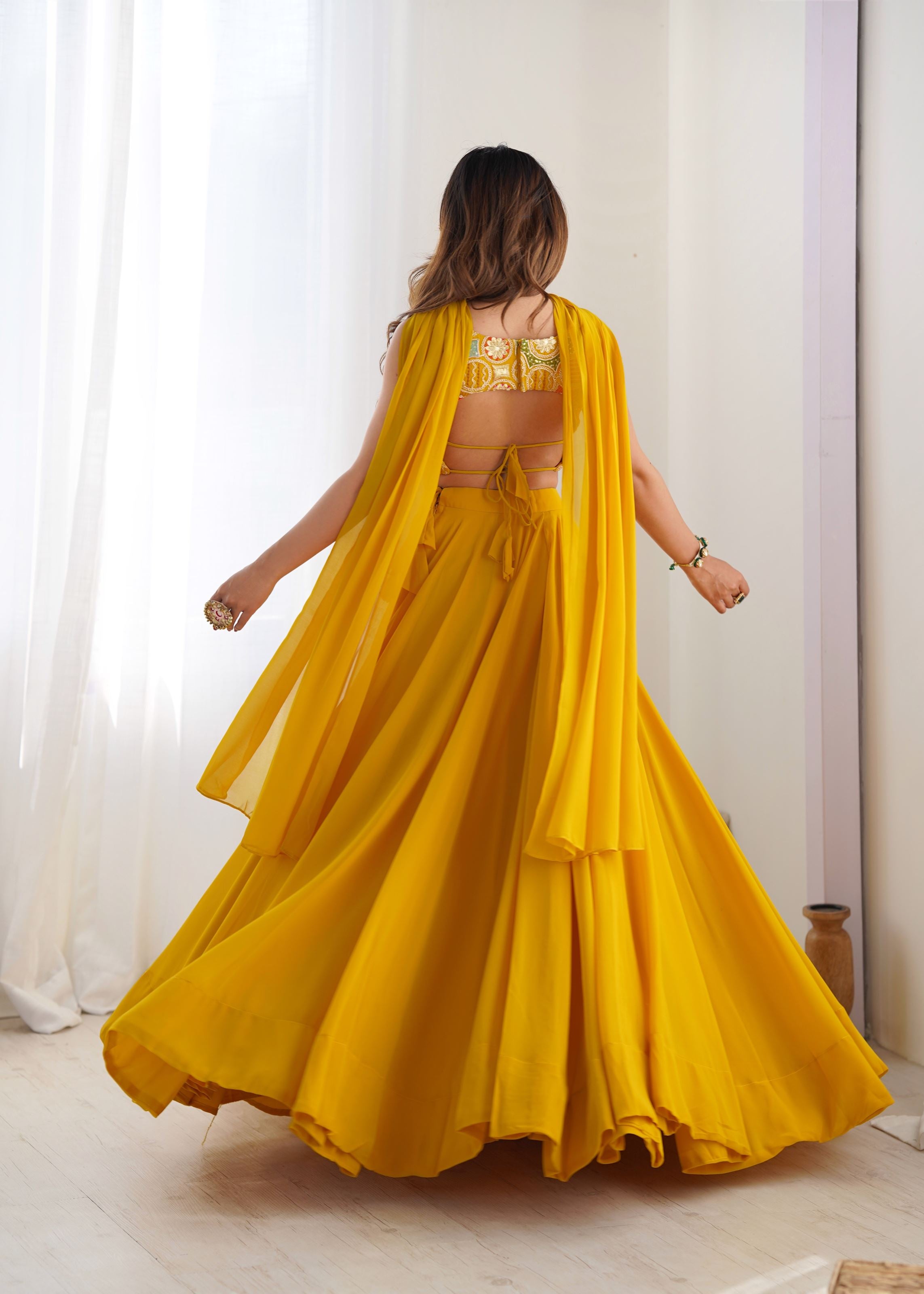 Yellow Georgette Lehenga with 9 Needle Thread  Dori Embroidery