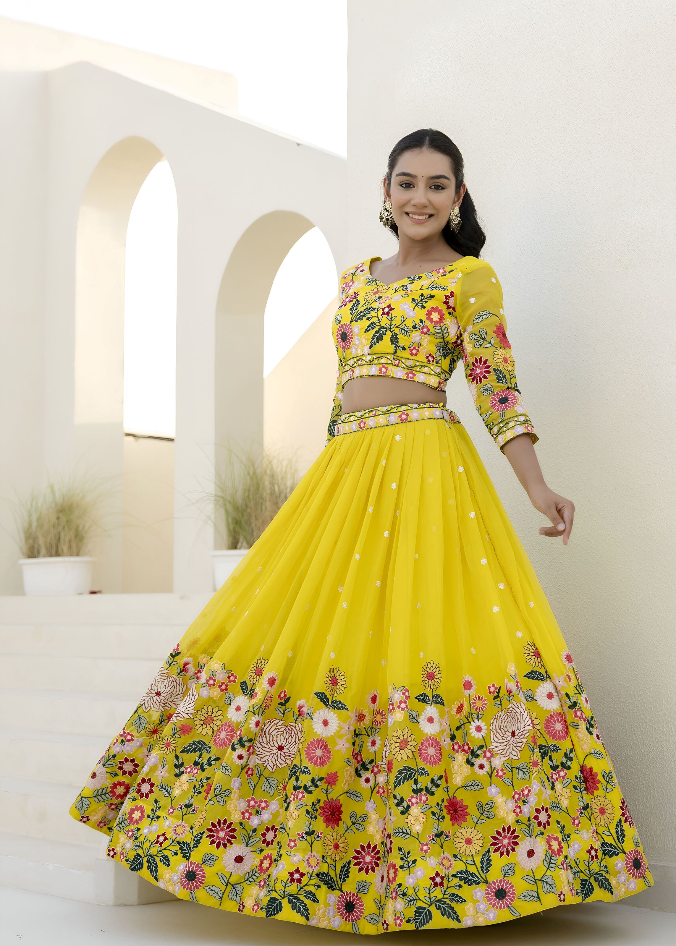 Yellow Lehenga Choli with Heavy Embroidery, Sequence work
