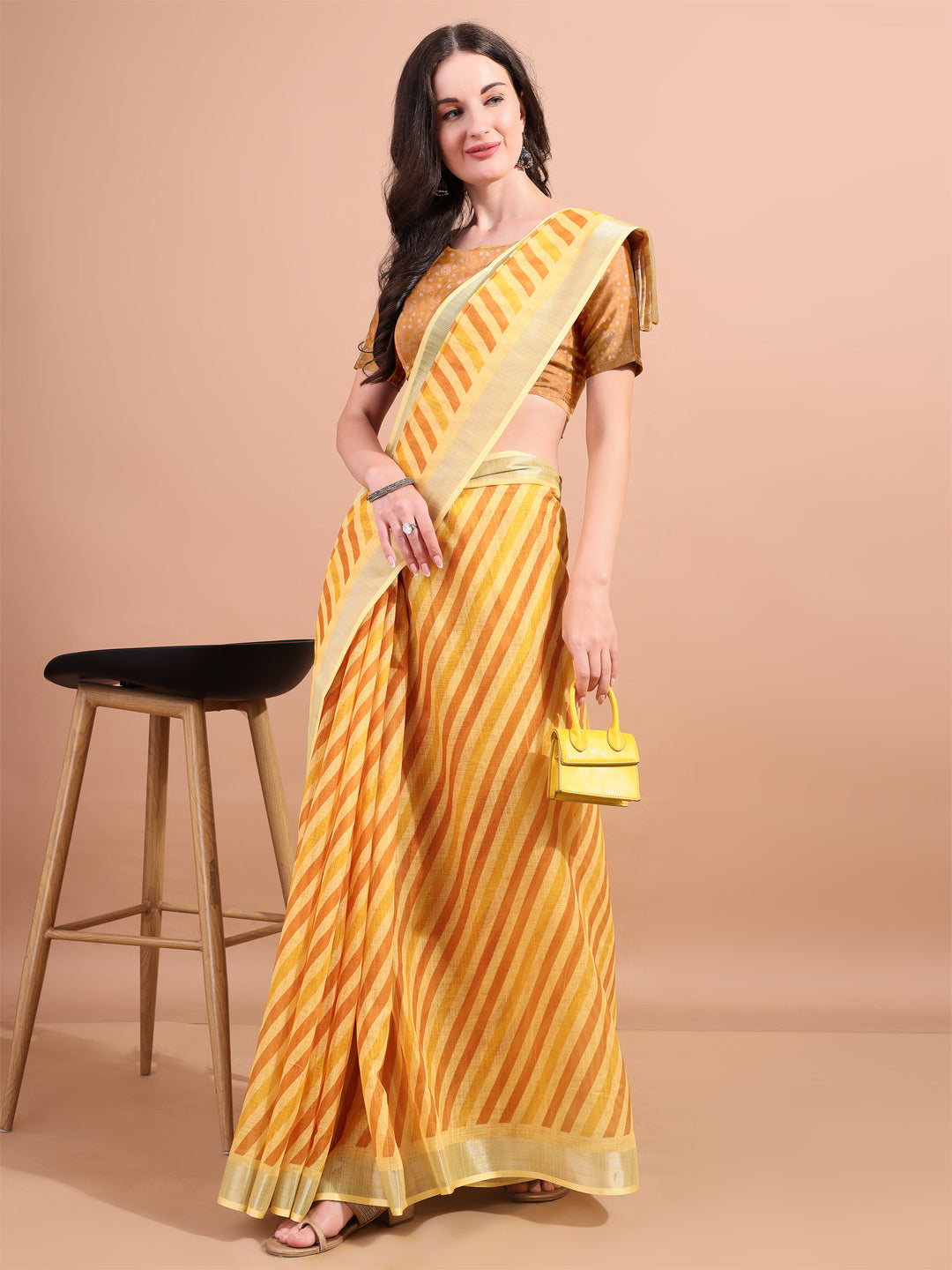 Yellow Linen Designer Printed Saree For Women