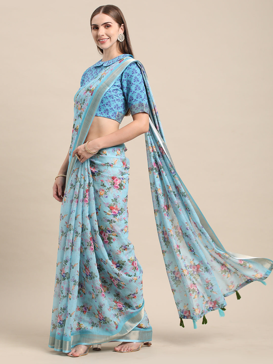 Sky Blue Linen Soft Printed Designer Saree