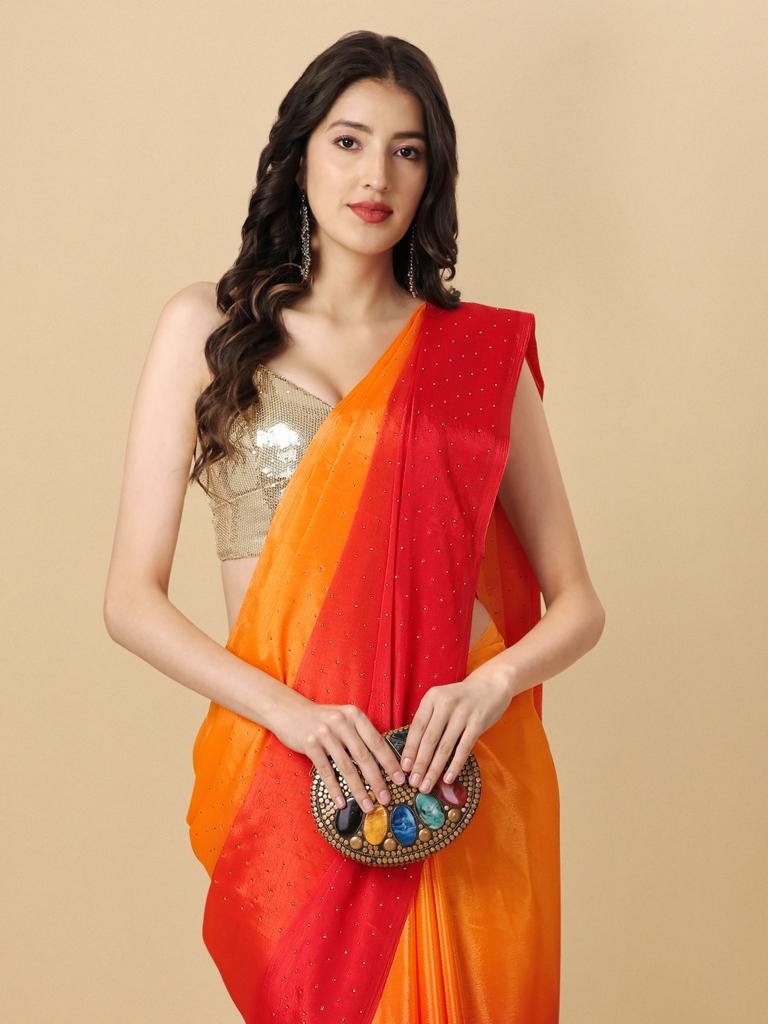 Red Satin Silk Wedding Wear Saree With Embroidery