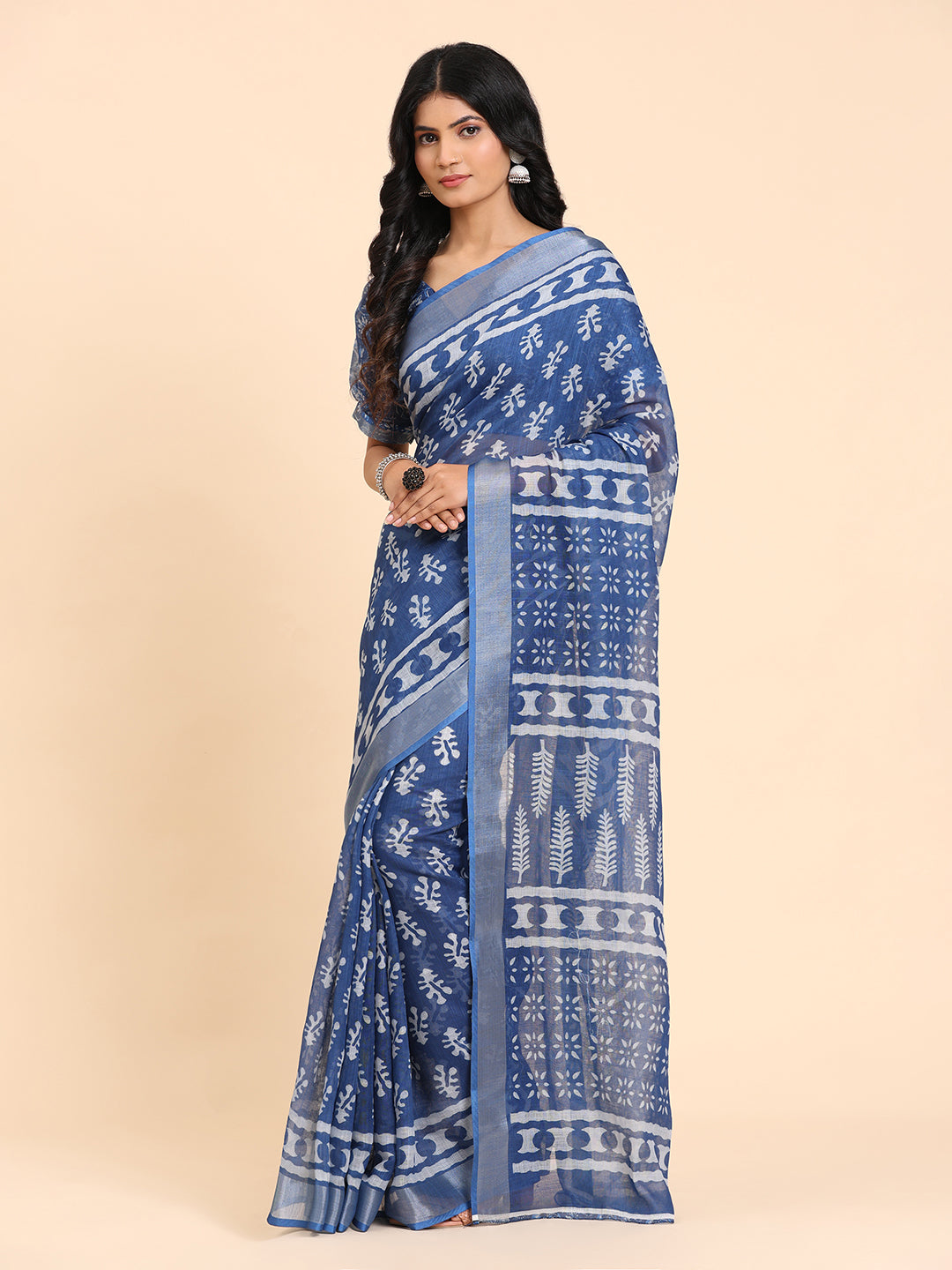 Indigo Blue Linen Printed Ethnic Saree