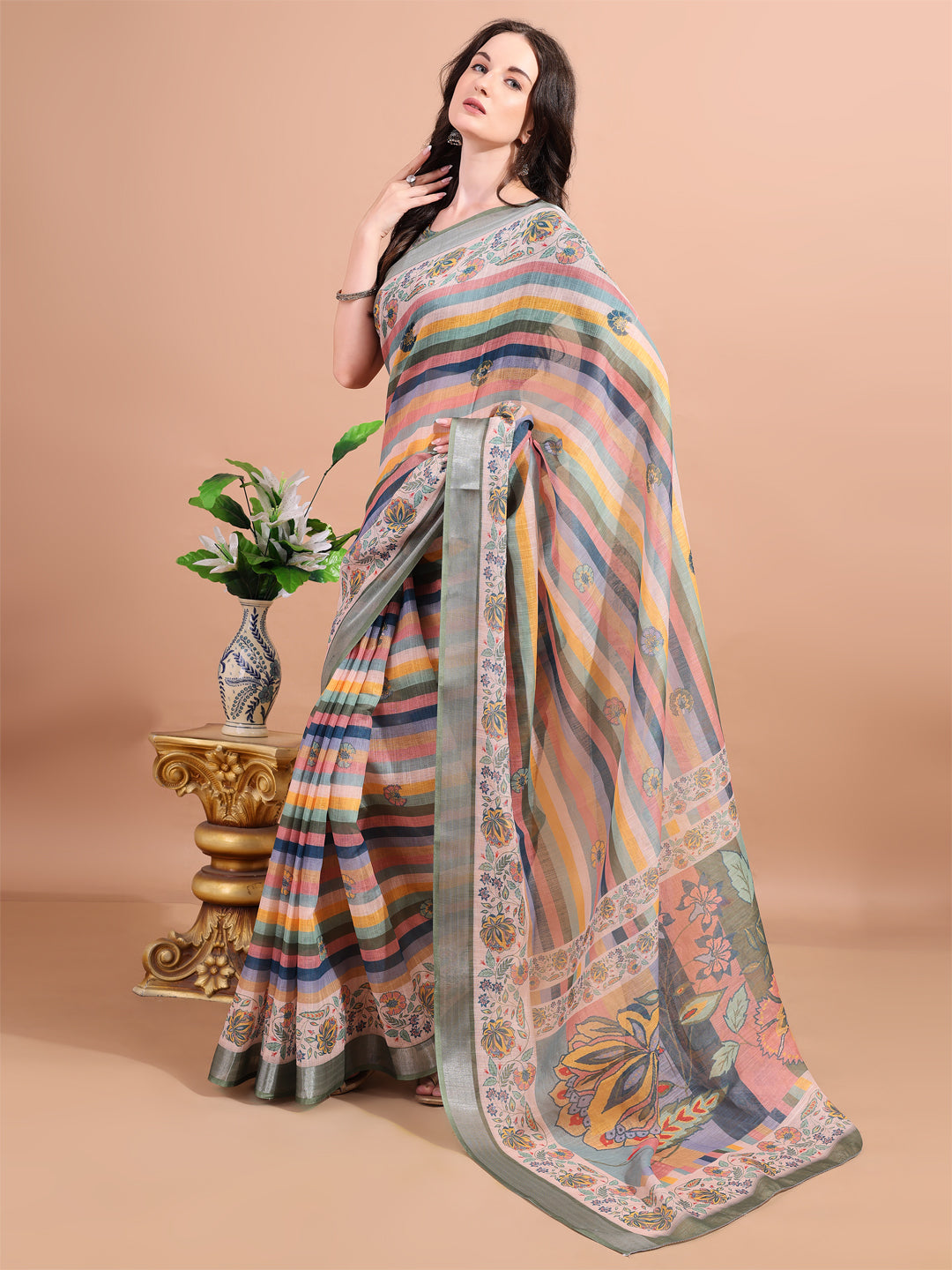 Multicolour Linen Printed Trendy Saree