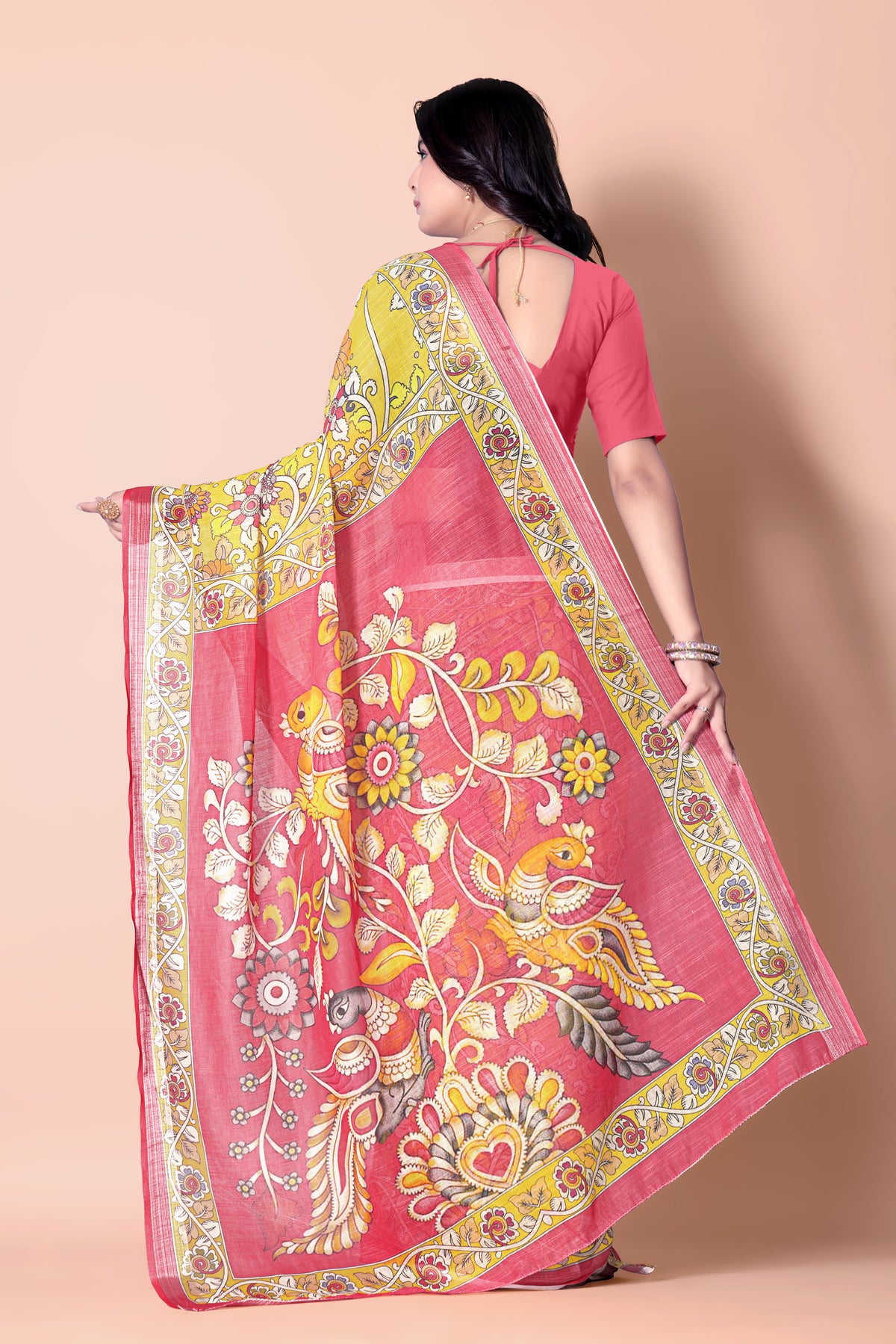 Yellow Linen Soft Printed Designer Saree