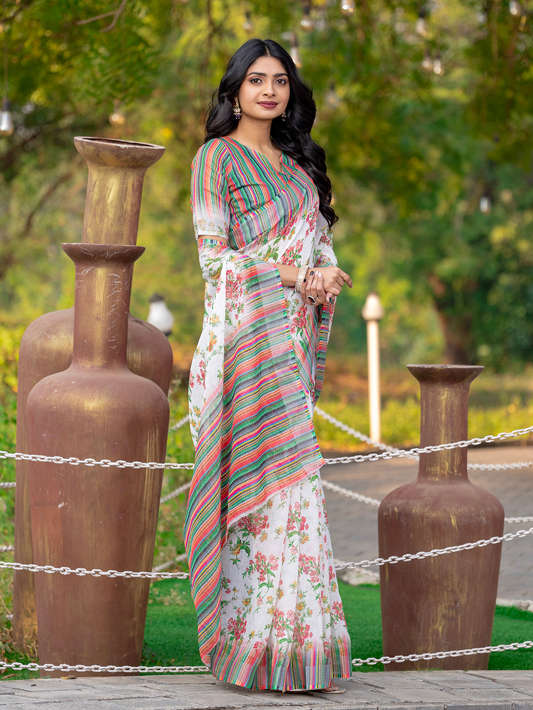 White Linen Elegant Printed Designer Saree