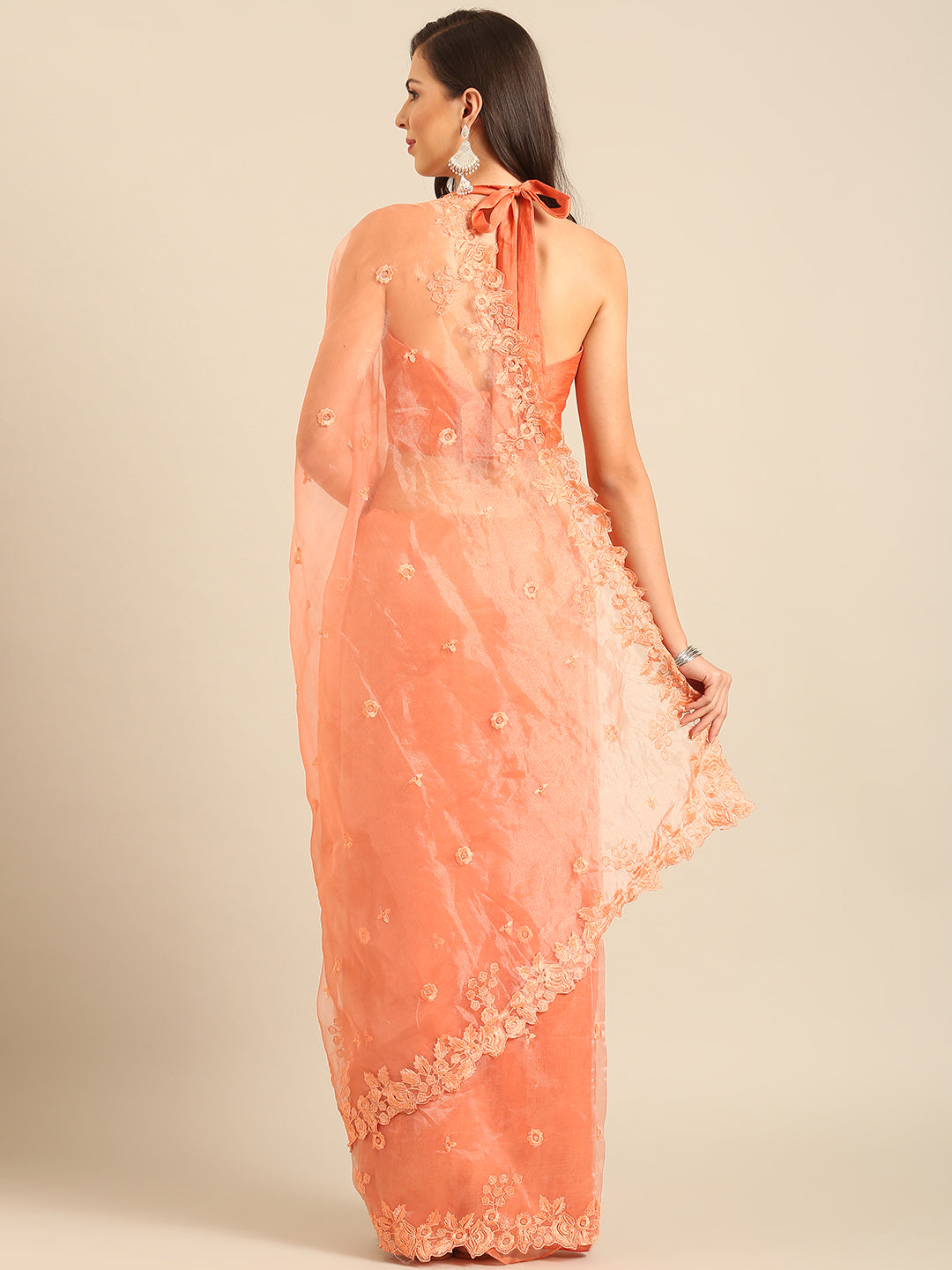 Orange Organza Party Wear Saree With Embroidery Sequins Work