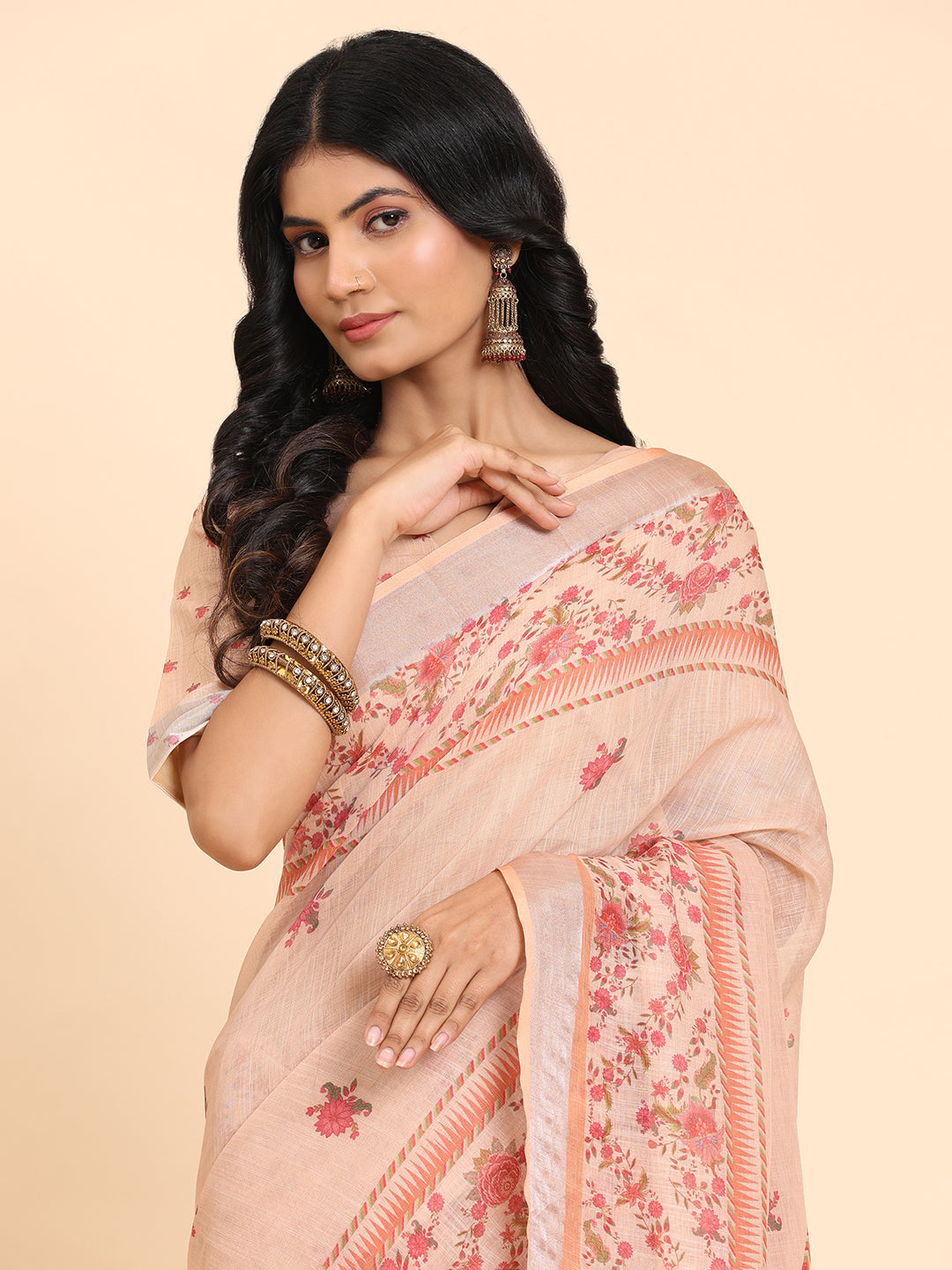 Peach Linen Soft Printed Saree For Women