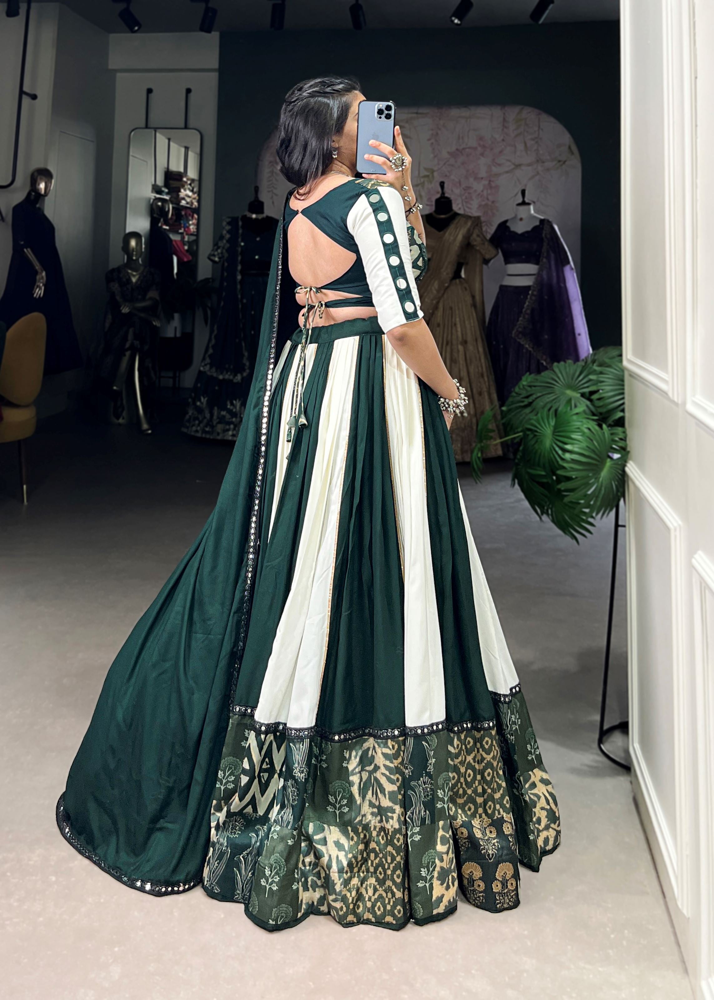 Green Cotton Lehenga Choli with Printed Grace & Cowrie Lace Beauty