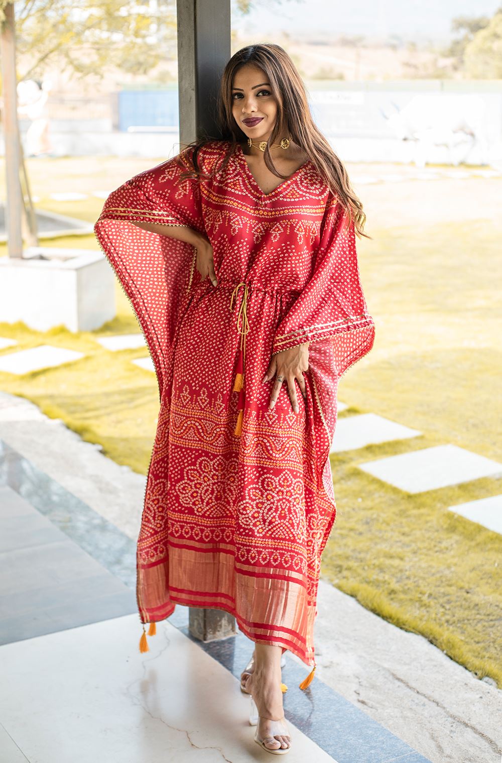 Red Color Pure Gaji Silk Kaftan with Gotta Patti  Tassels