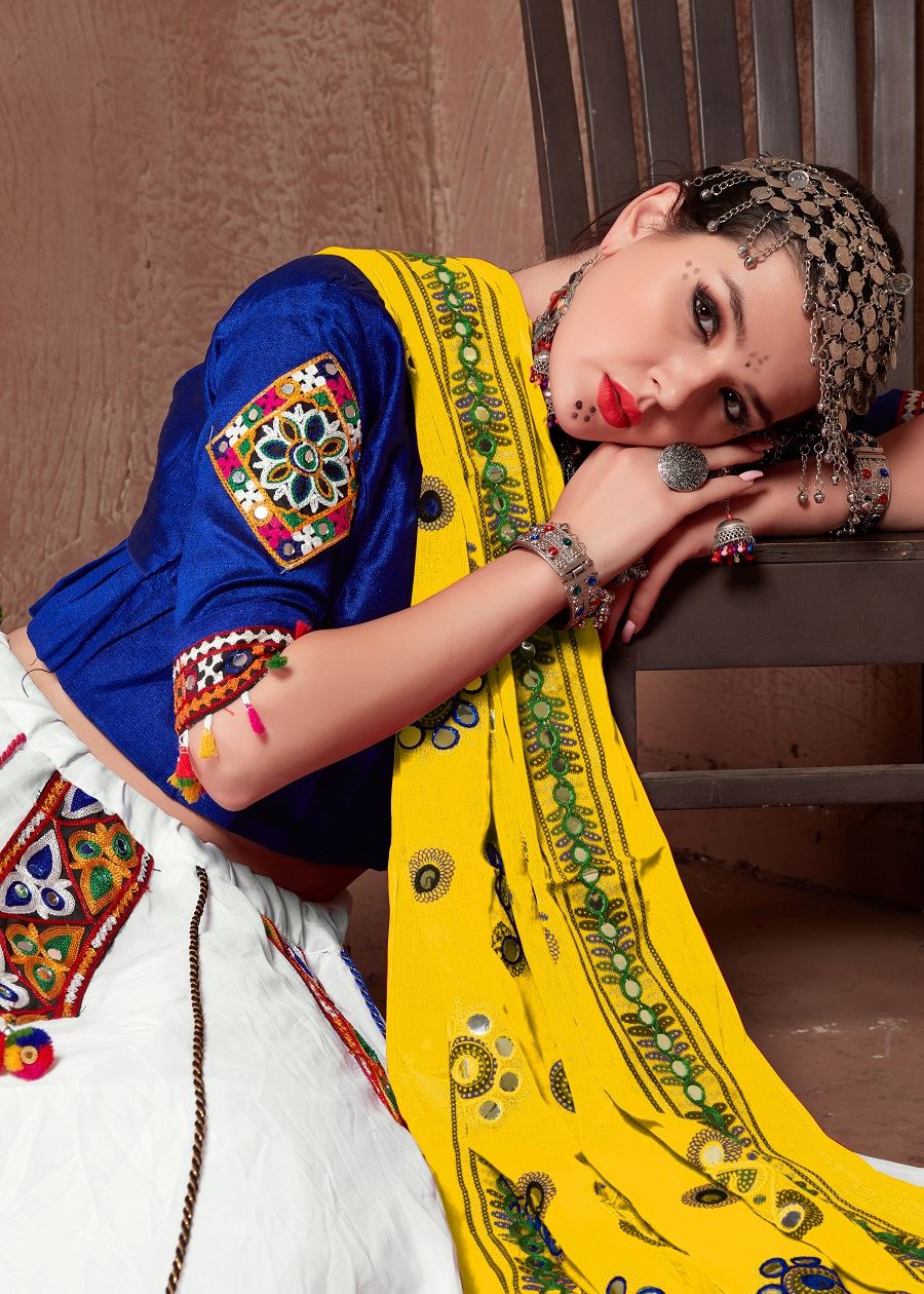 White And Blue Navratri Chaniya Choli With Gamthi Work Butta And  Tassels Lace