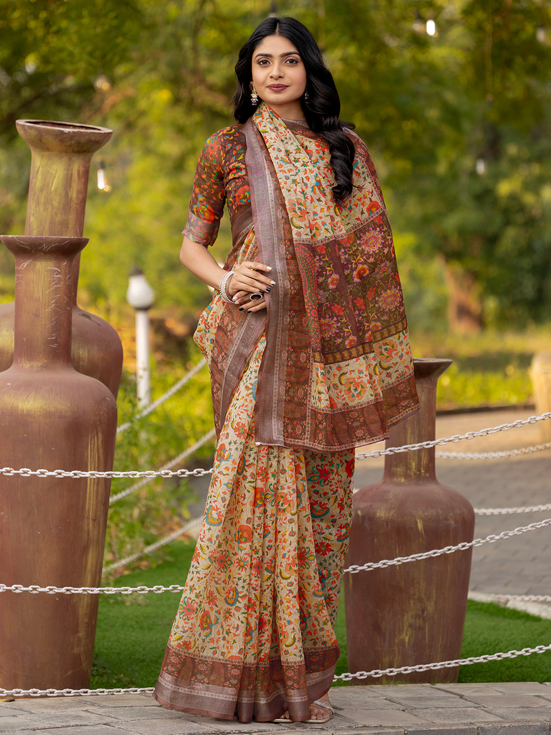 Brown Linen Traditional Printed Saree