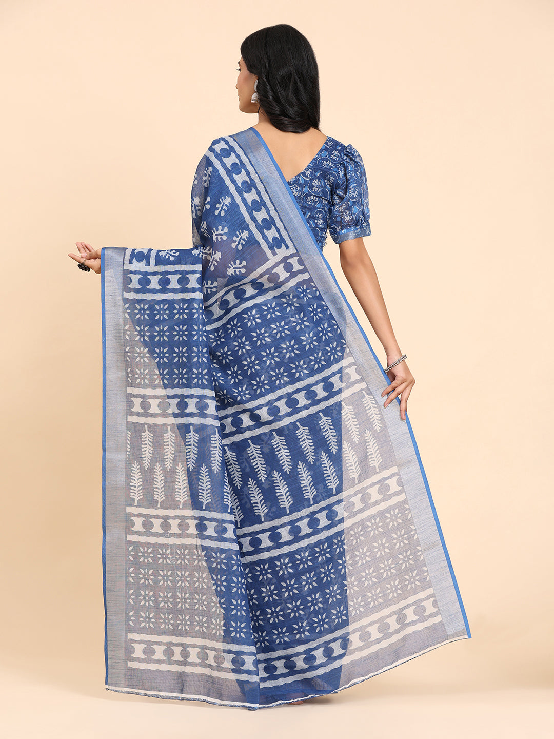 Indigo Blue Linen Printed Ethnic Saree