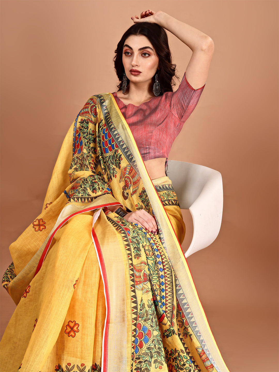 Yellow Linen Premium Printed Saree