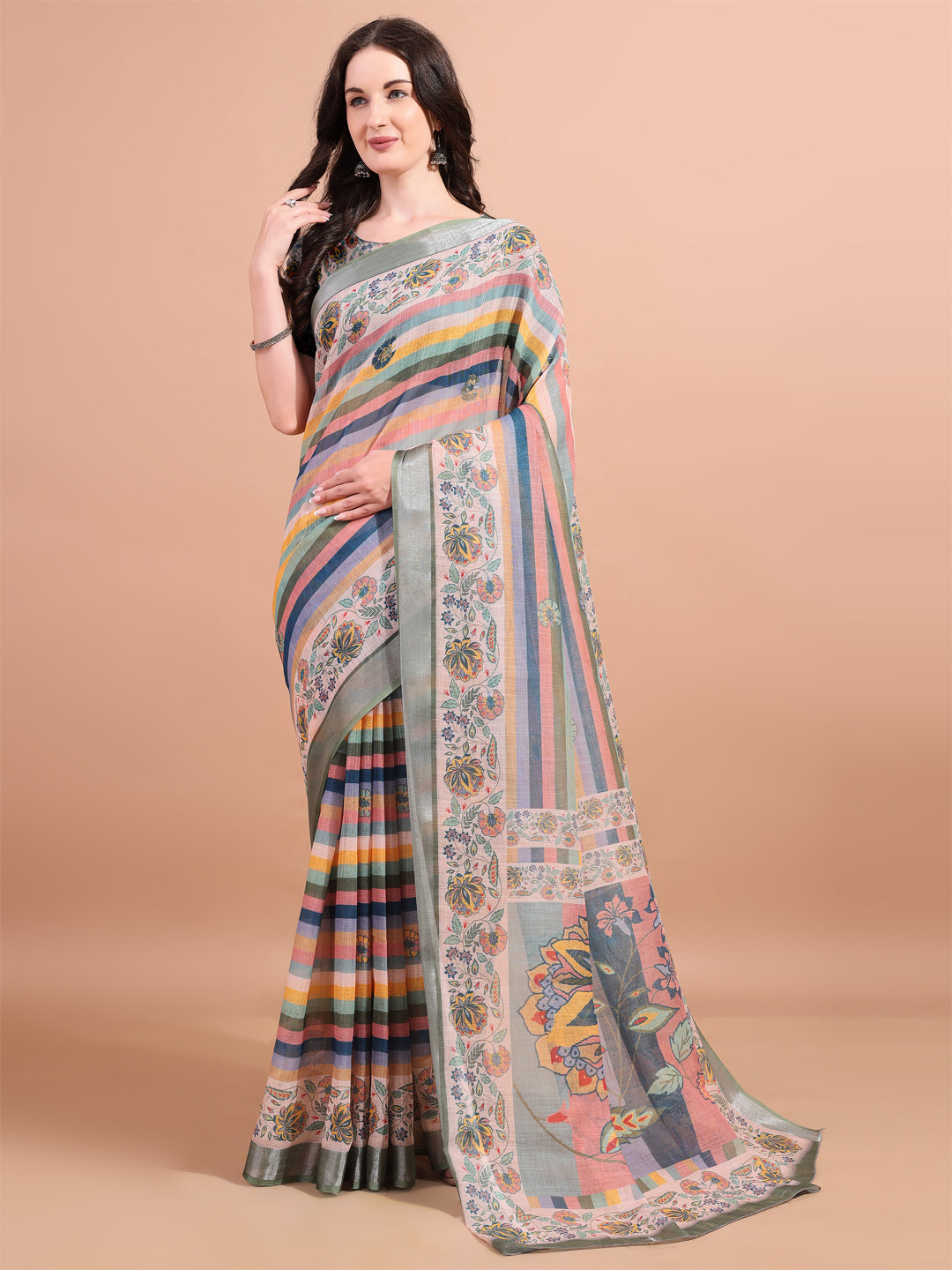Multicolour Linen Printed Trendy Saree