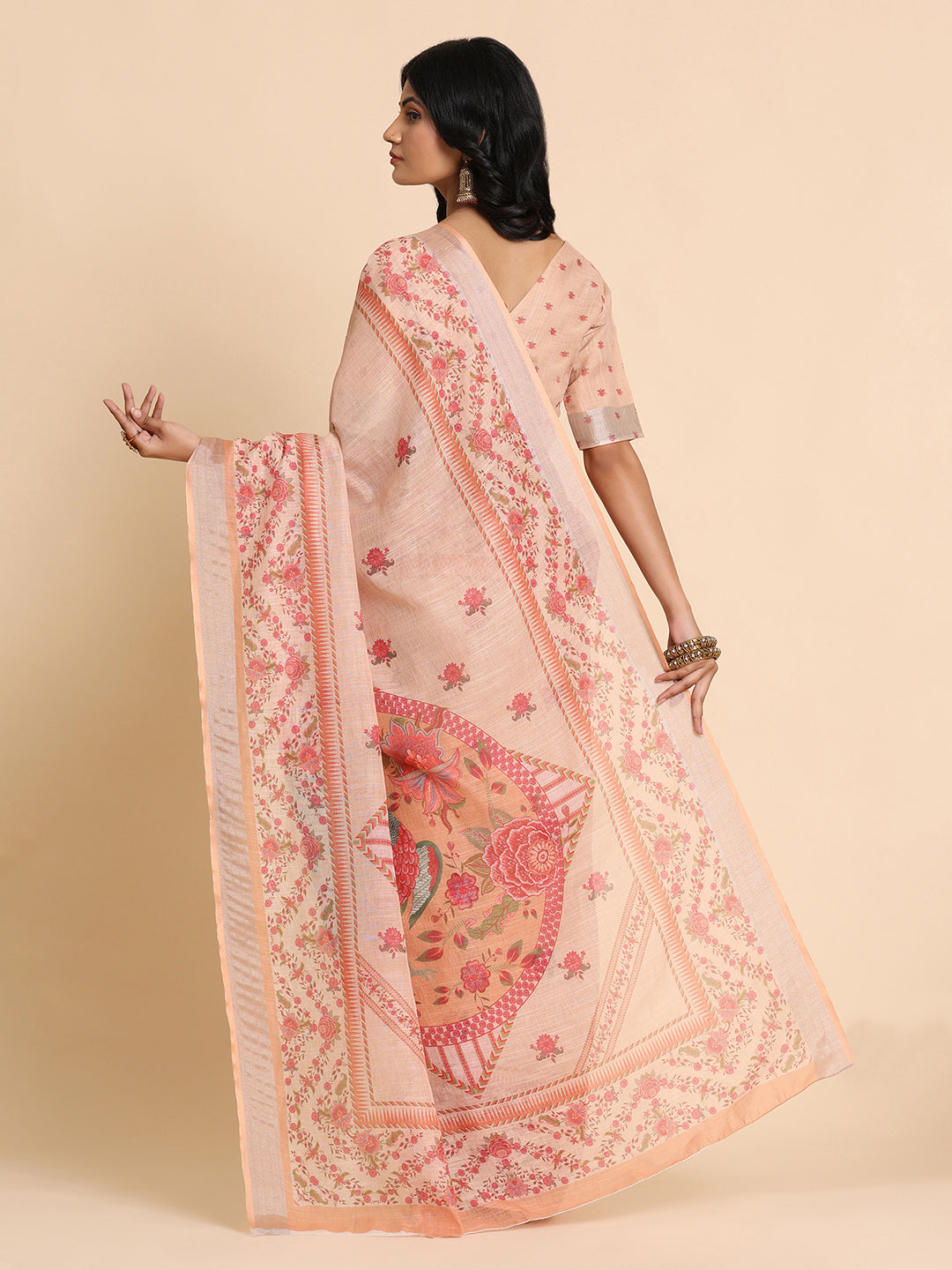 Peach Linen Soft Printed Saree For Women