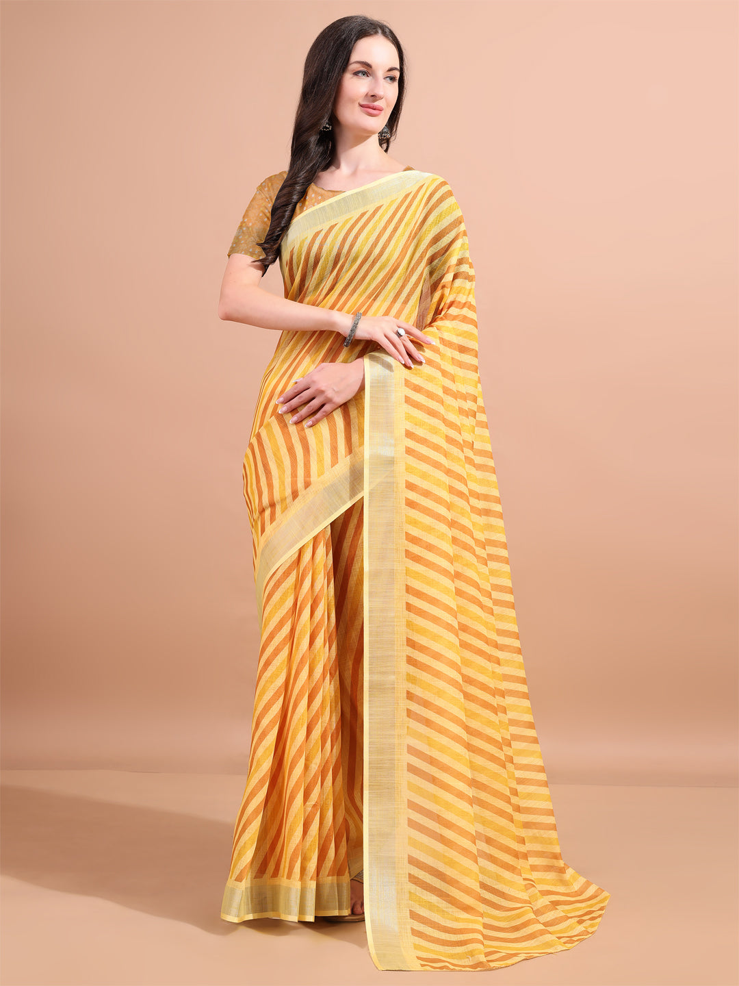 Yellow Linen Designer Printed Saree For Women